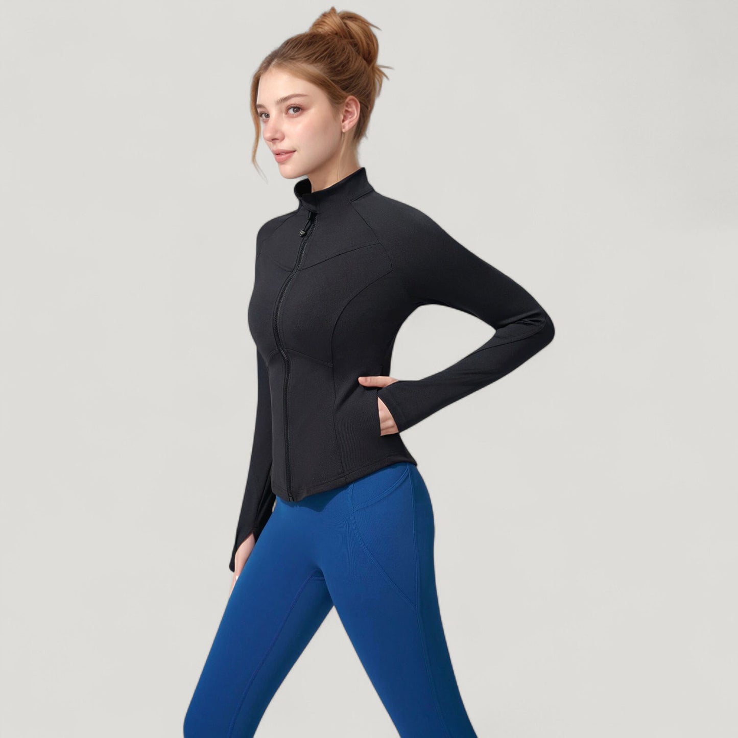 Full Zip Long Sleeve Active Jacket with Slim Fit and High Collar
