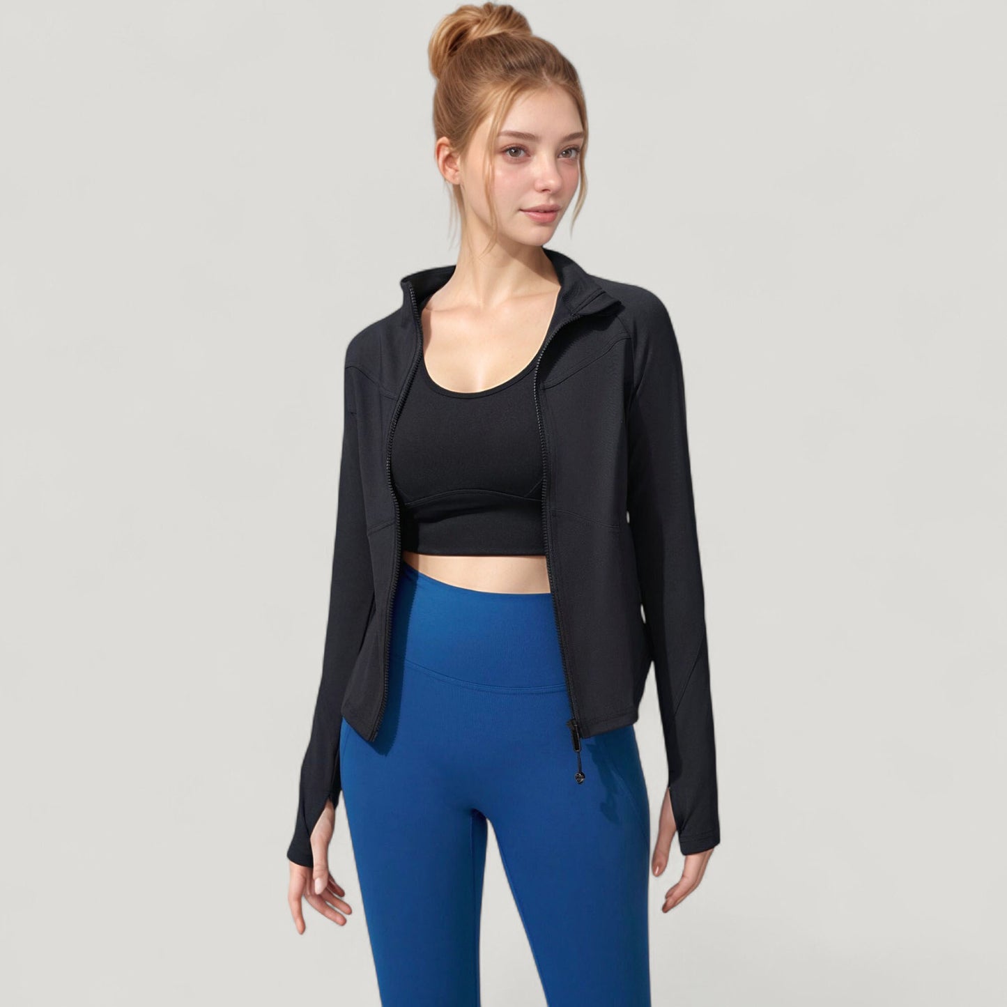 Full Zip Long Sleeve Active Jacket with Slim Fit and High Collar