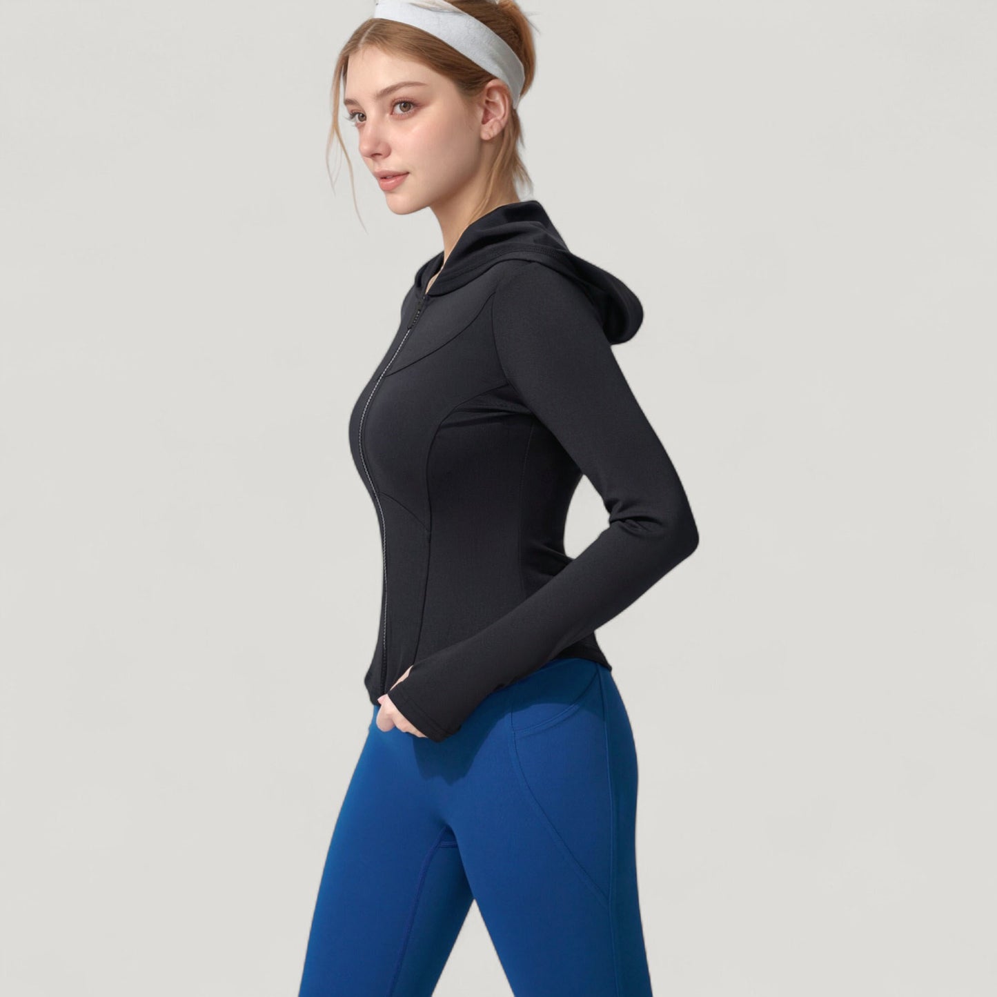 Full Zip Long Sleeve Hooded Active Jacket with Slim Fit and Thumbhole Cuffs