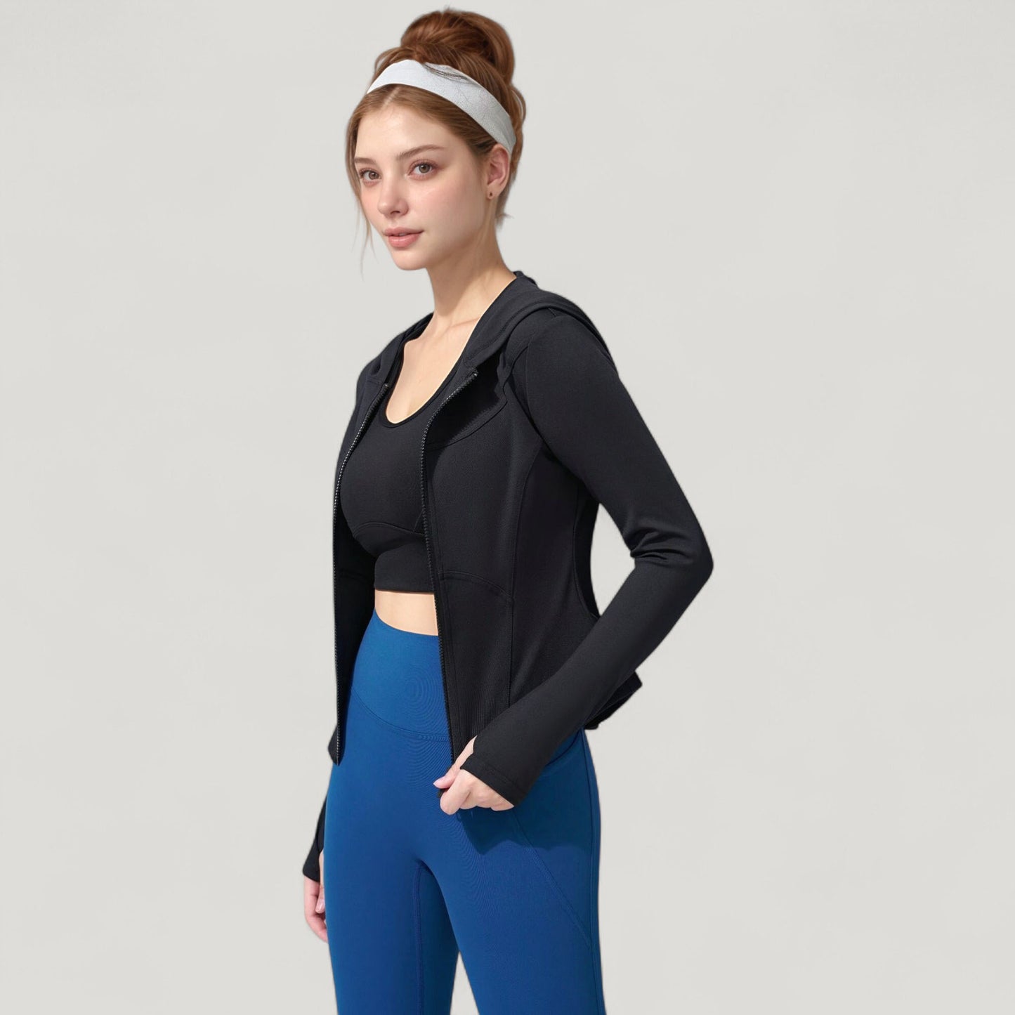 Full Zip Long Sleeve Hooded Active Jacket with Slim Fit and Thumbhole Cuffs