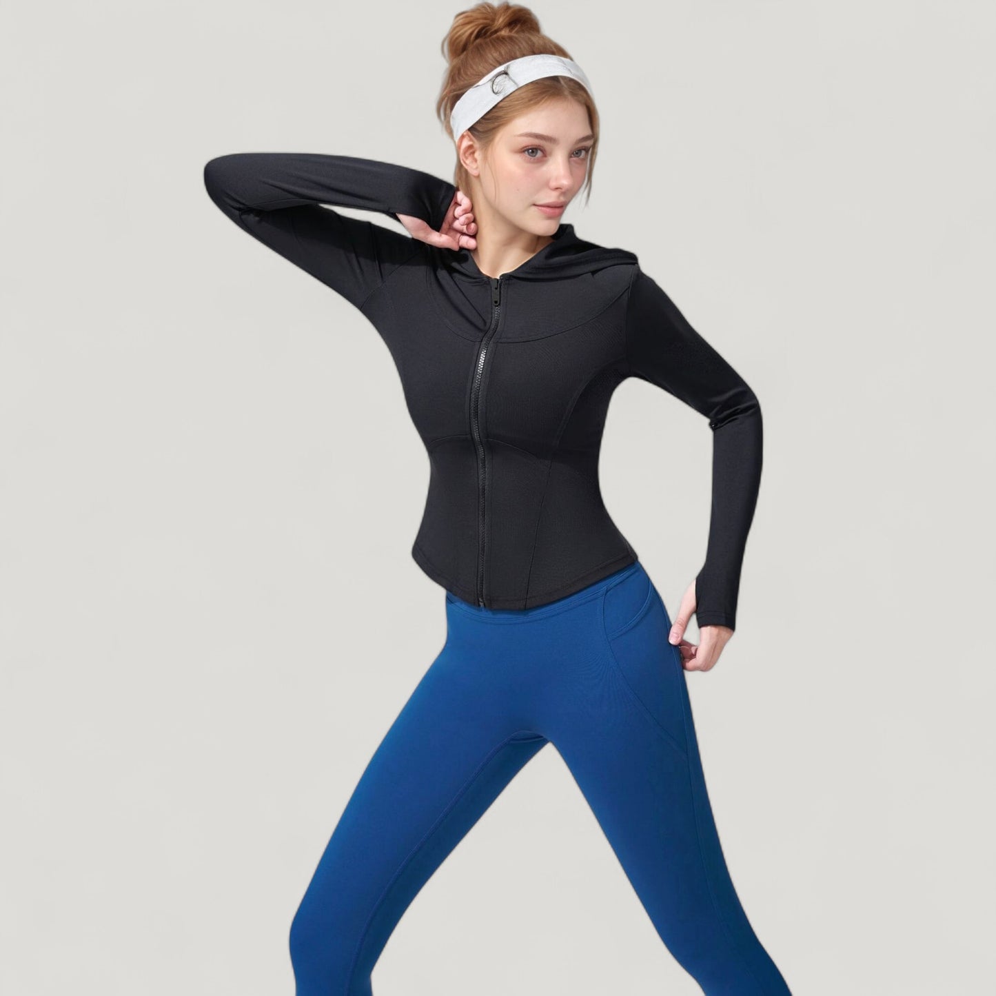Full Zip Long Sleeve Hooded Active Jacket with Slim Fit and Thumbhole Cuffs