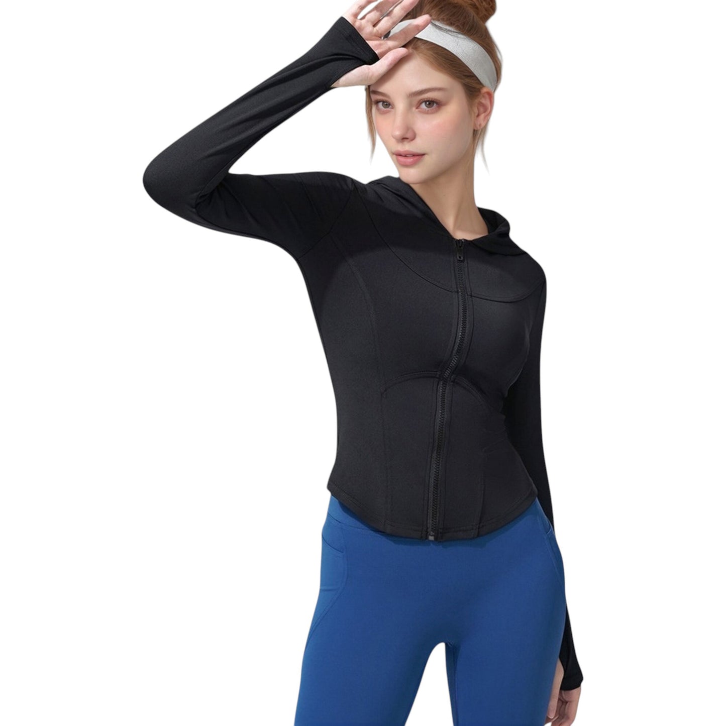 Full Zip Long Sleeve Hooded Active Jacket with Slim Fit and Thumbhole Cuffs