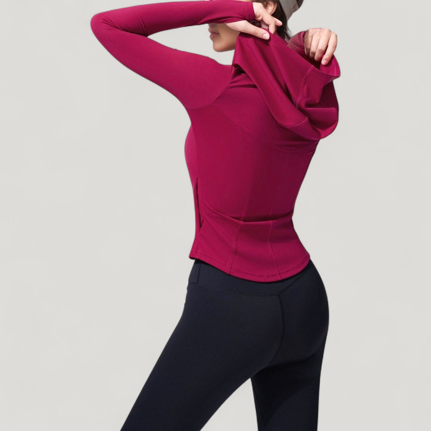 Full Zip Long Sleeve Hooded Active Jacket with Slim Fit and Thumbhole Cuffs