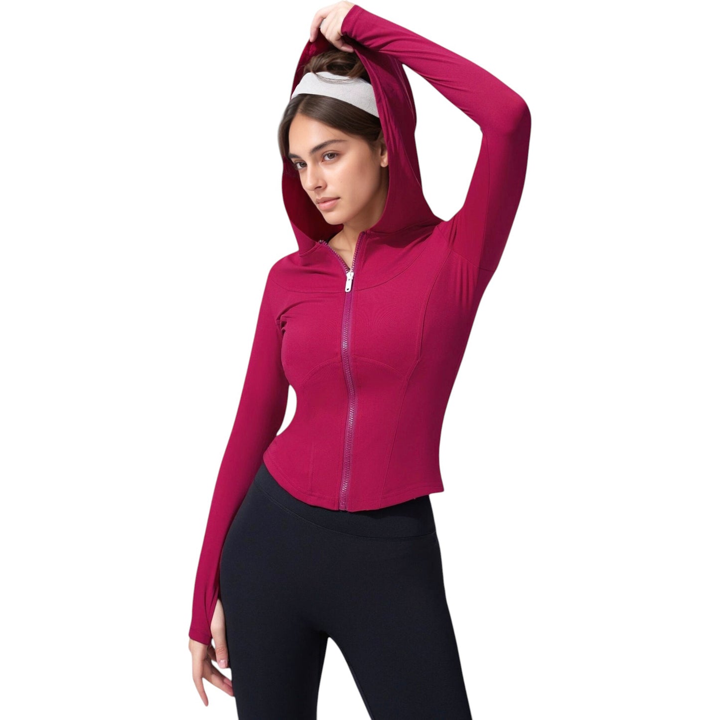 Full Zip Long Sleeve Hooded Active Jacket with Slim Fit and Thumbhole Cuffs