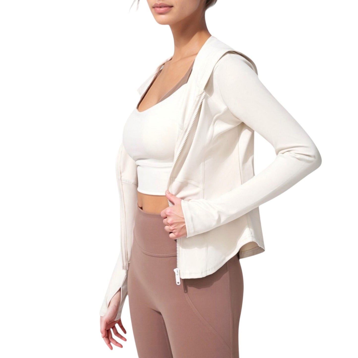 Full Zip Long Sleeve Hooded Active Jacket with Slim Fit and Thumbhole Cuffs