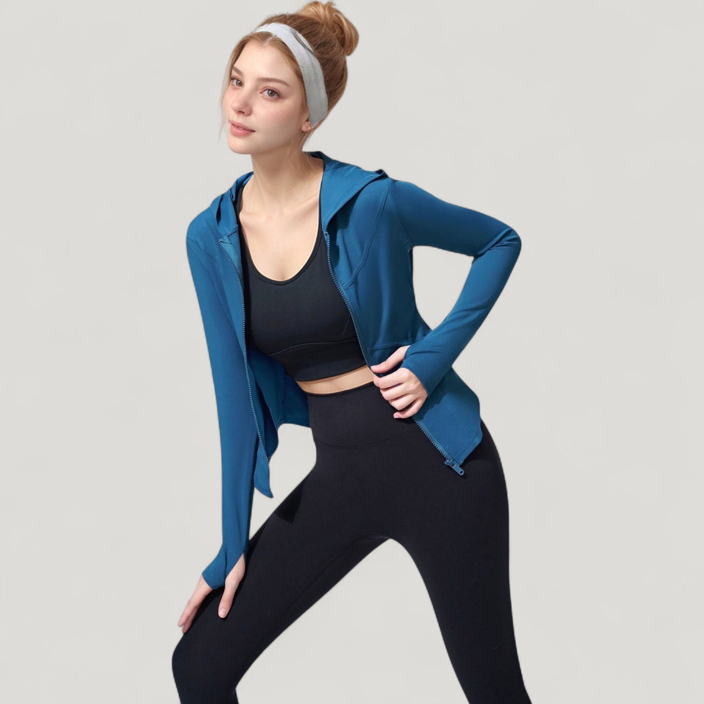 Full Zip Long Sleeve Hooded Active Jacket with Slim Fit and Thumbhole Cuffs