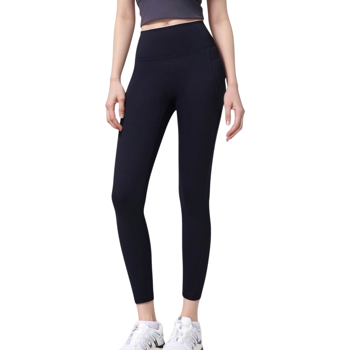 High Waist Full Length Leggings with Wide Waistband and Side Pocket