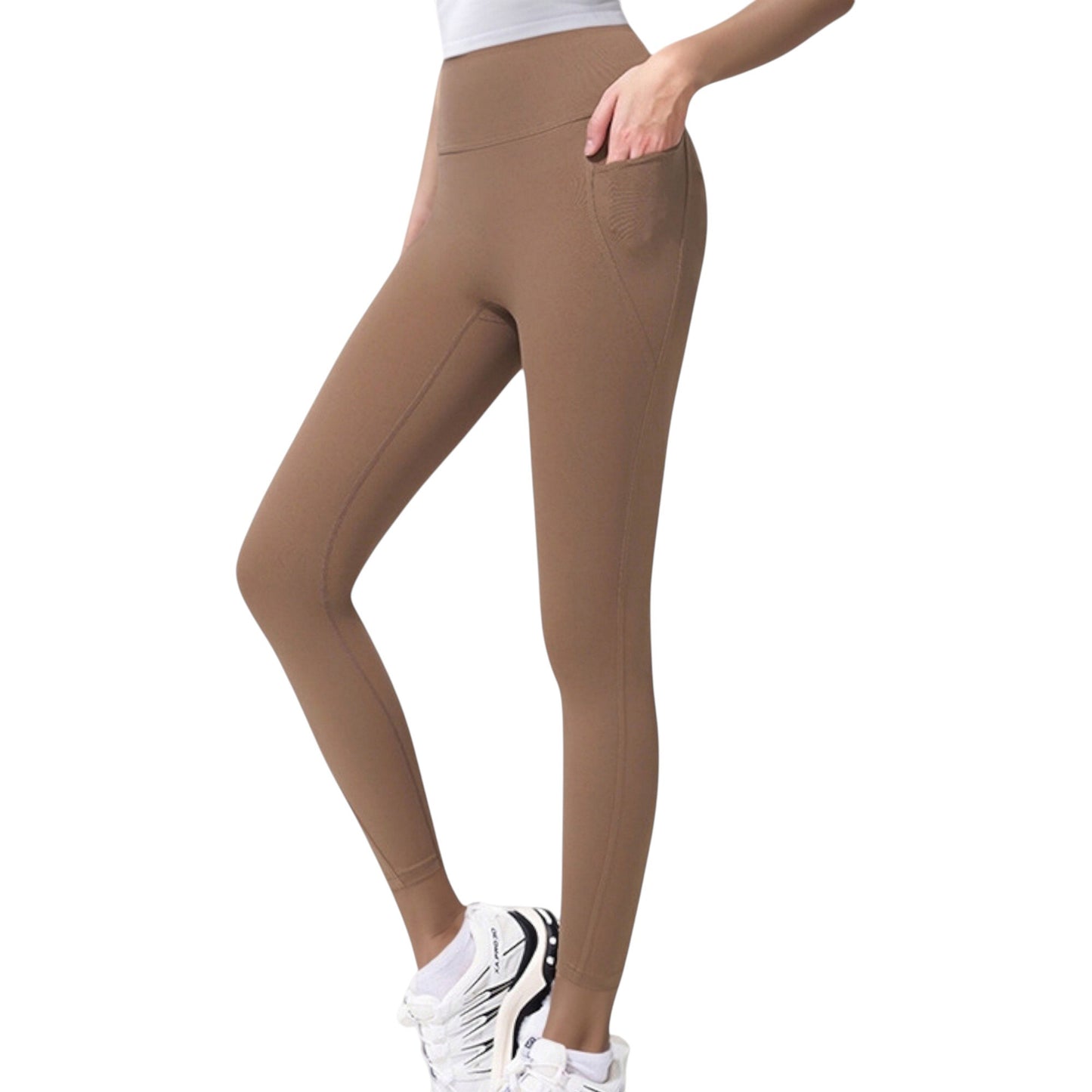 High Waist Full Length Leggings with Wide Waistband and Side Pocket