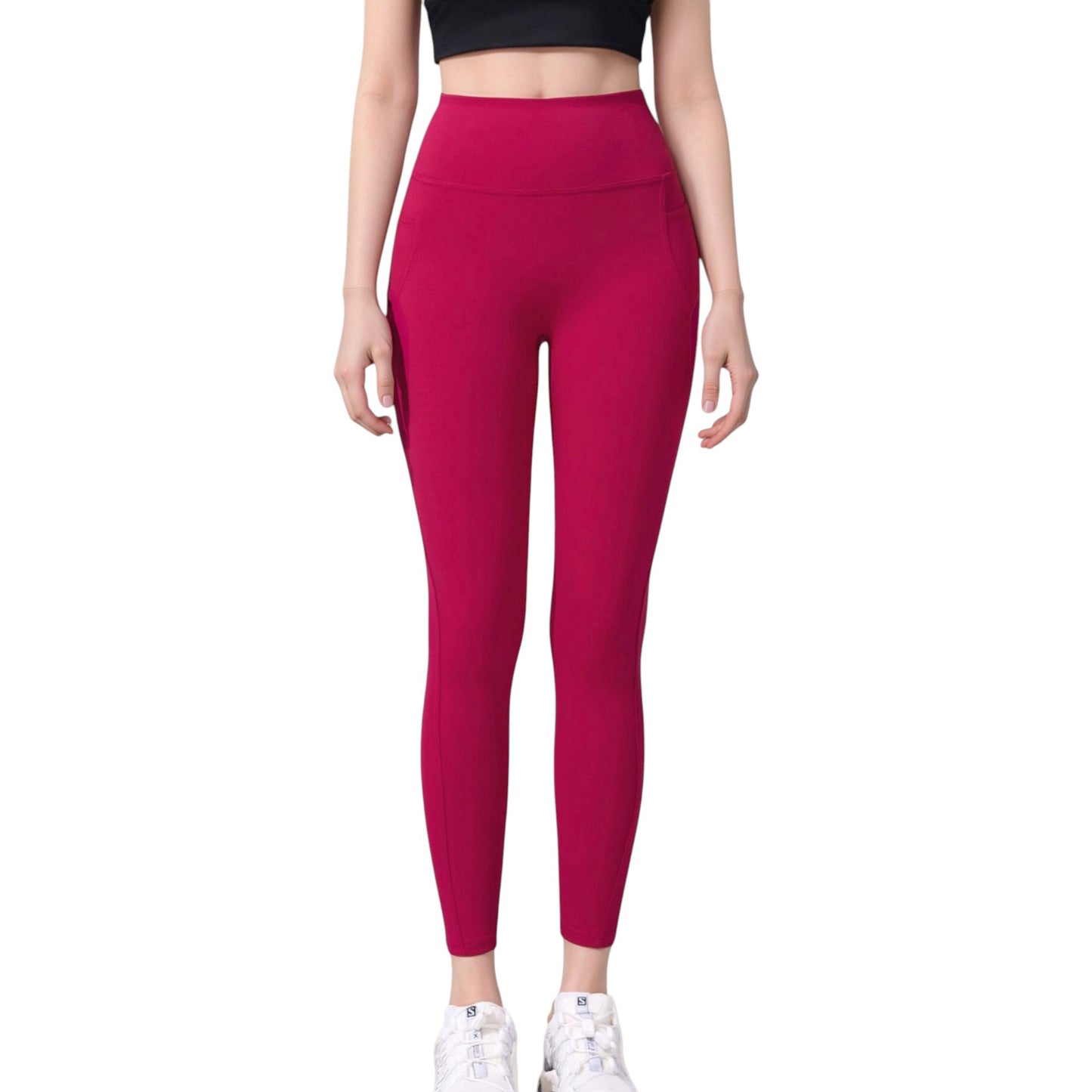 High Waist Full Length Leggings with Wide Waistband and Side Pocket