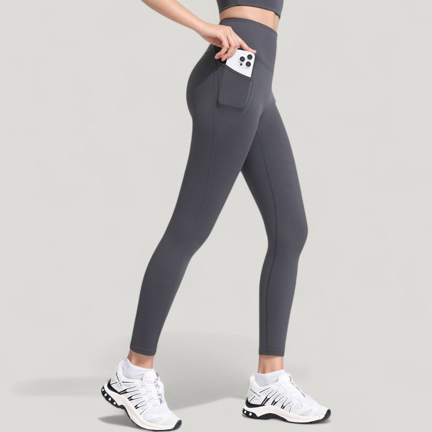 High Waist Full Length Leggings with Wide Waistband and Side Pocket