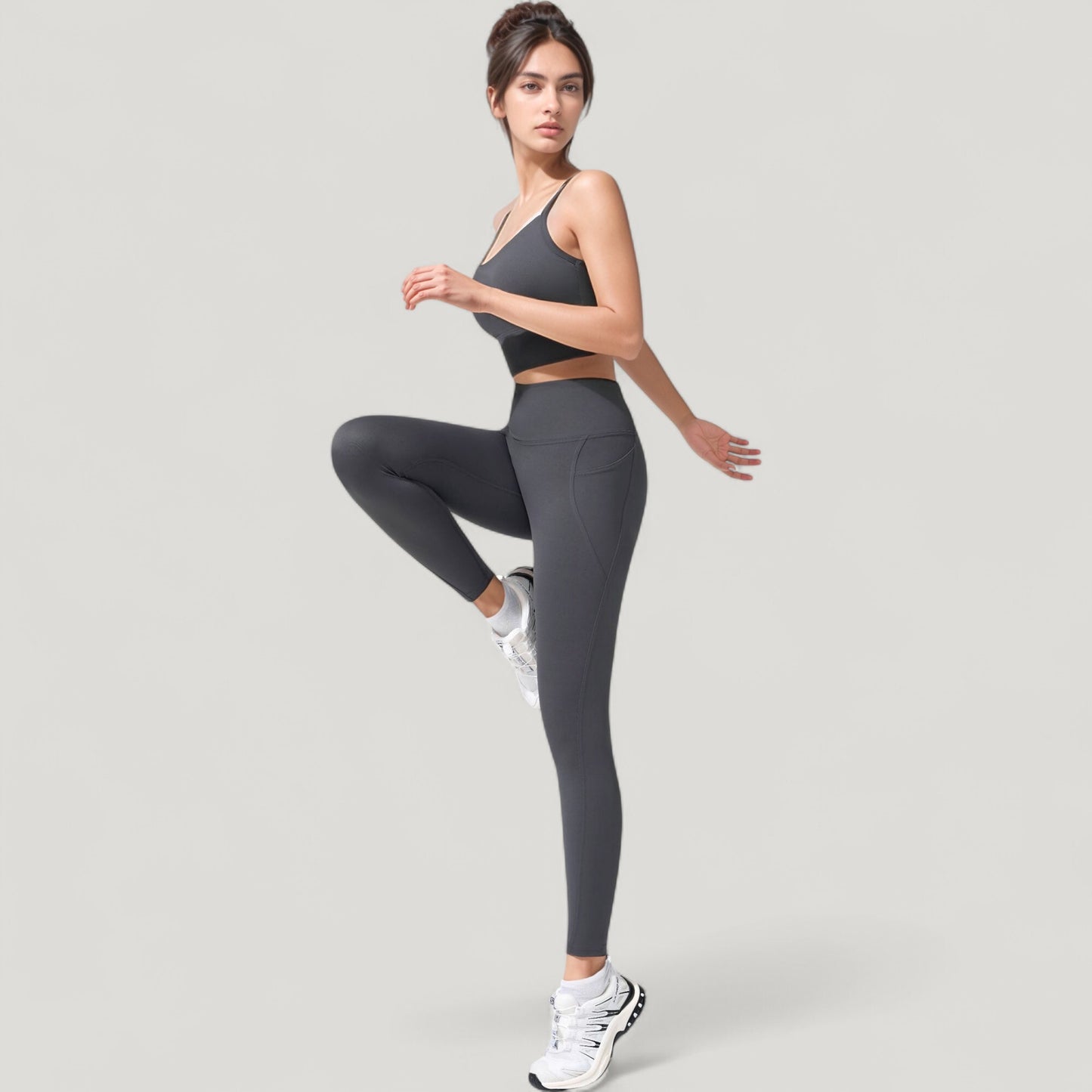 High Waist Full Length Leggings with Wide Waistband and Side Pocket