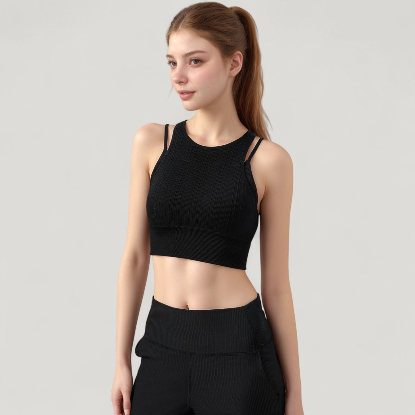 Ribbed High Neck Crop Top with Double Strap Detail