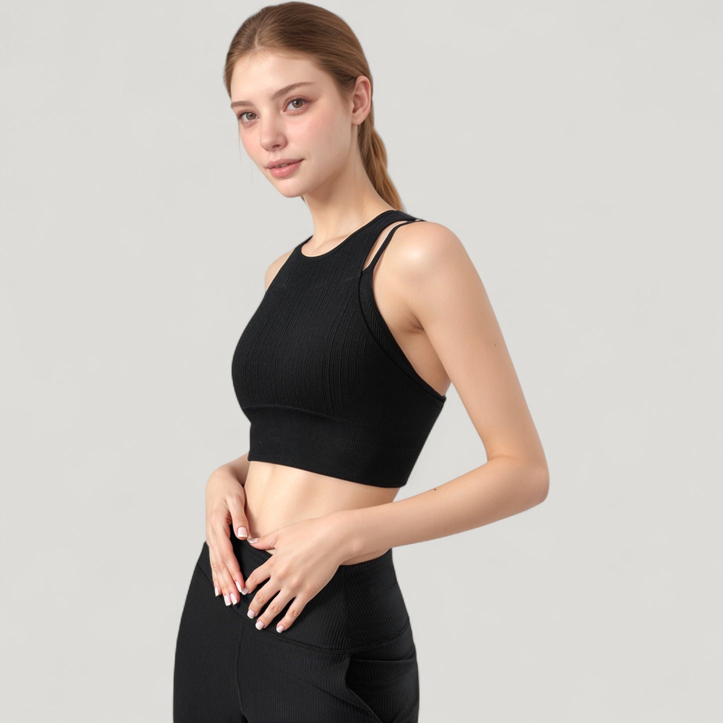 Ribbed High Neck Crop Top with Double Strap Detail