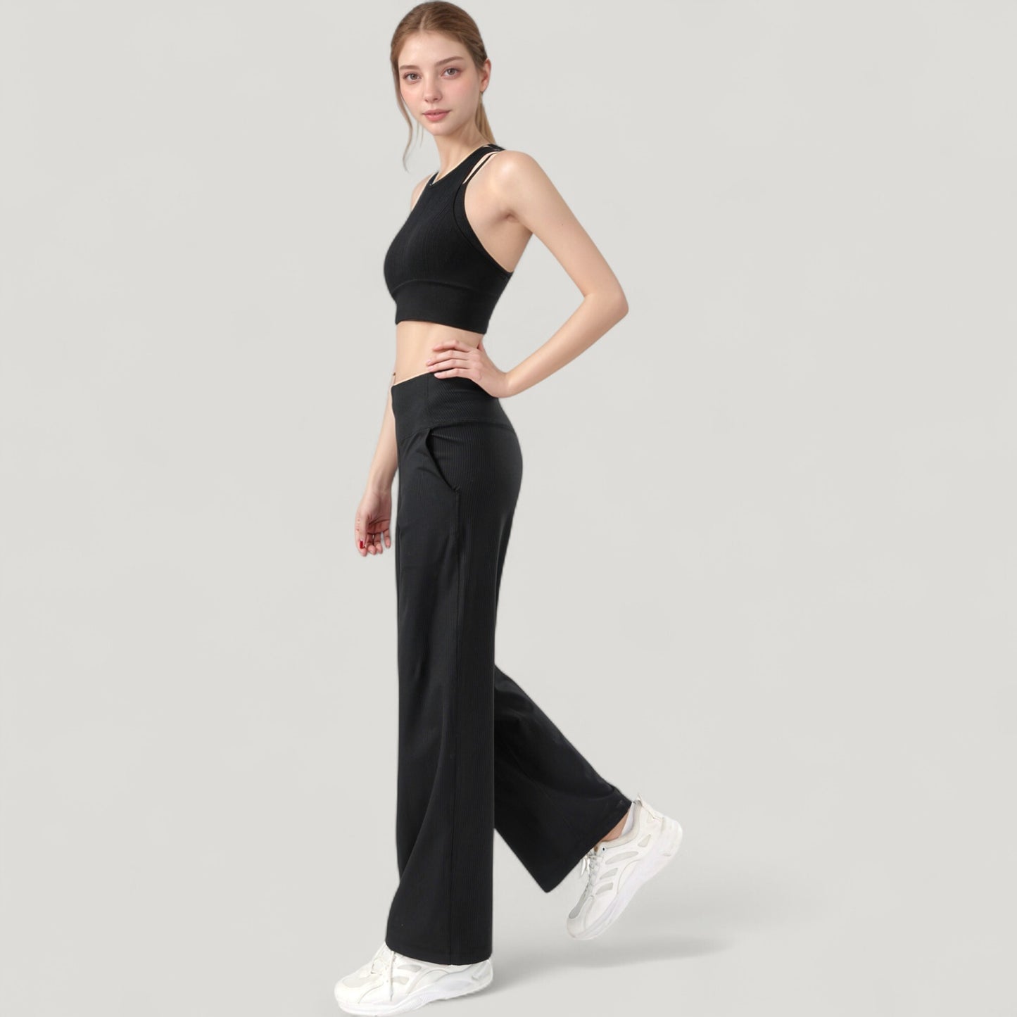 Ribbed High Neck Crop Top with Double Strap Detail