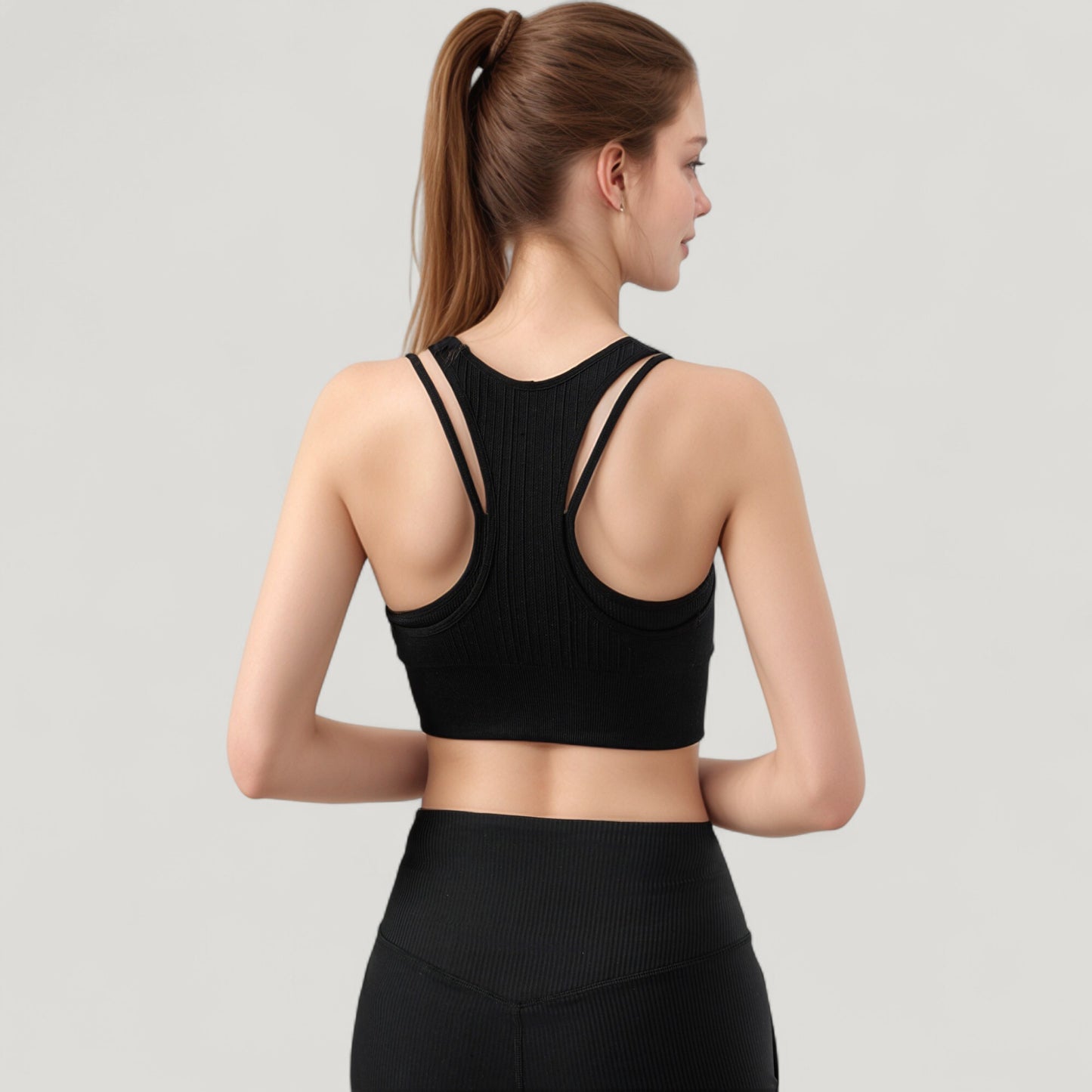 Ribbed High Neck Crop Top with Double Strap Detail