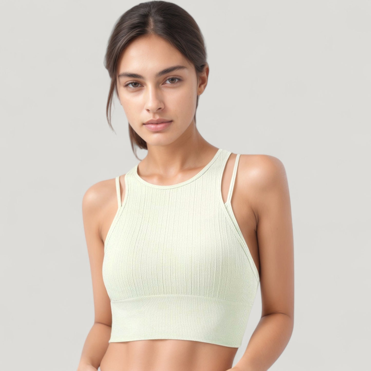 Ribbed High Neck Crop Top with Double Strap Detail