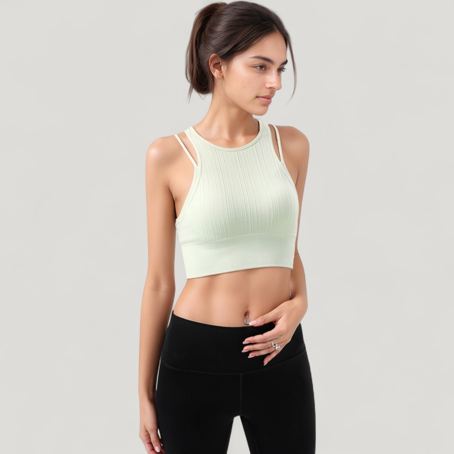 Ribbed High Neck Crop Top with Double Strap Detail