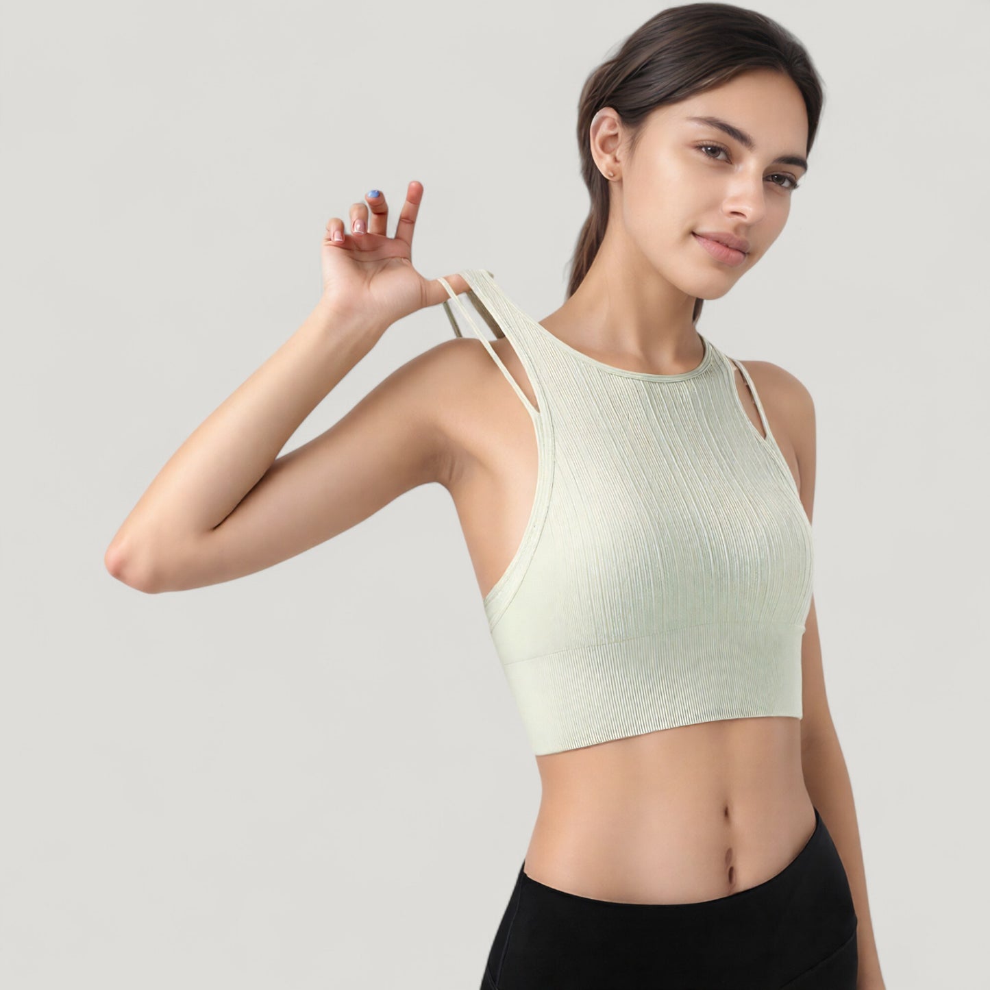 Ribbed High Neck Crop Top with Double Strap Detail