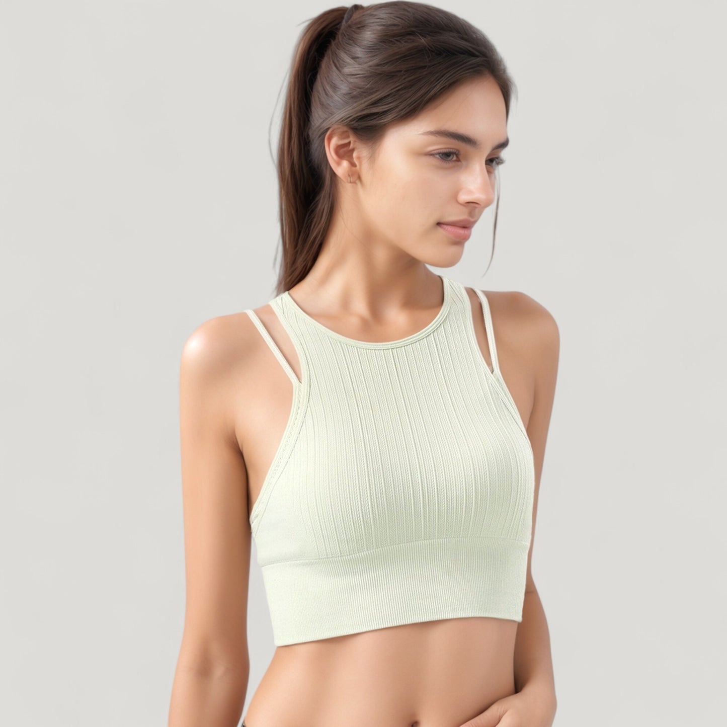 Ribbed High Neck Crop Top with Double Strap Detail