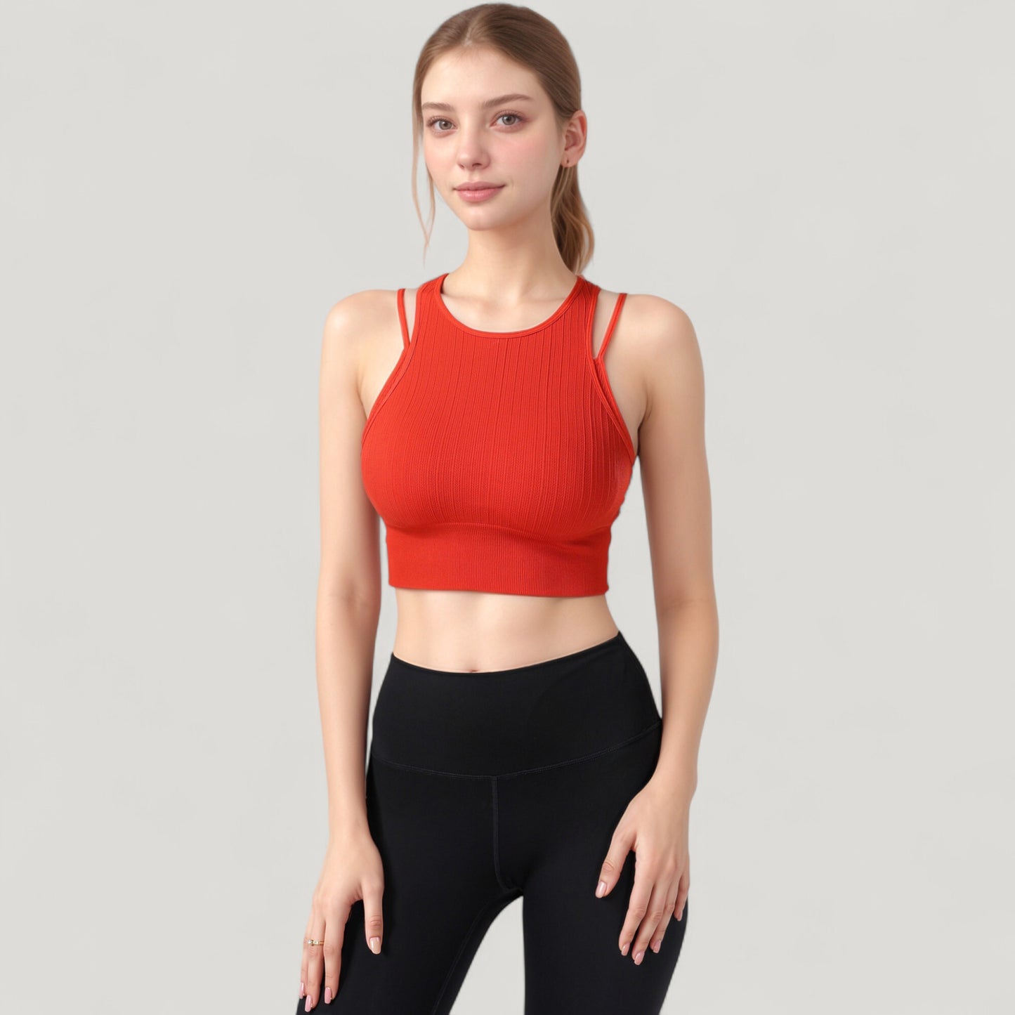 Ribbed High Neck Crop Top with Double Strap Detail