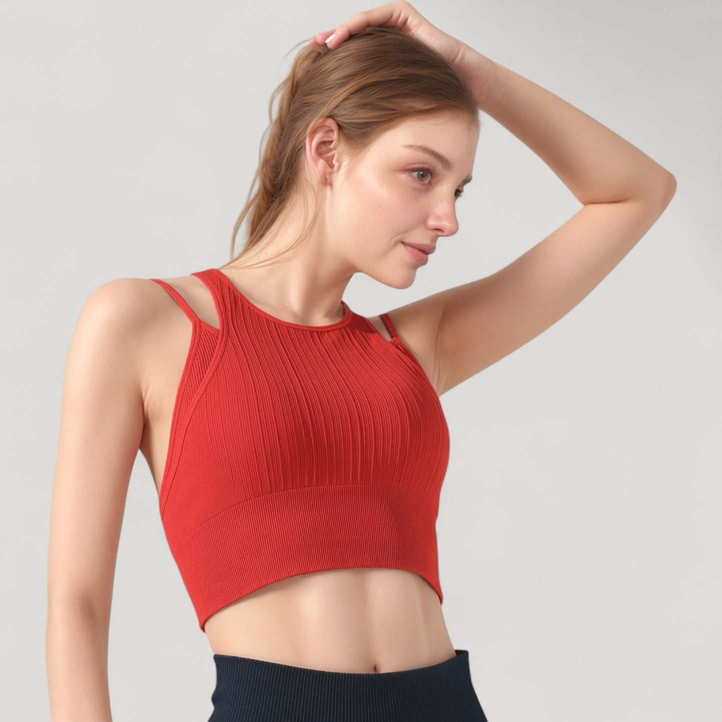 Ribbed High Neck Crop Top with Double Strap Detail