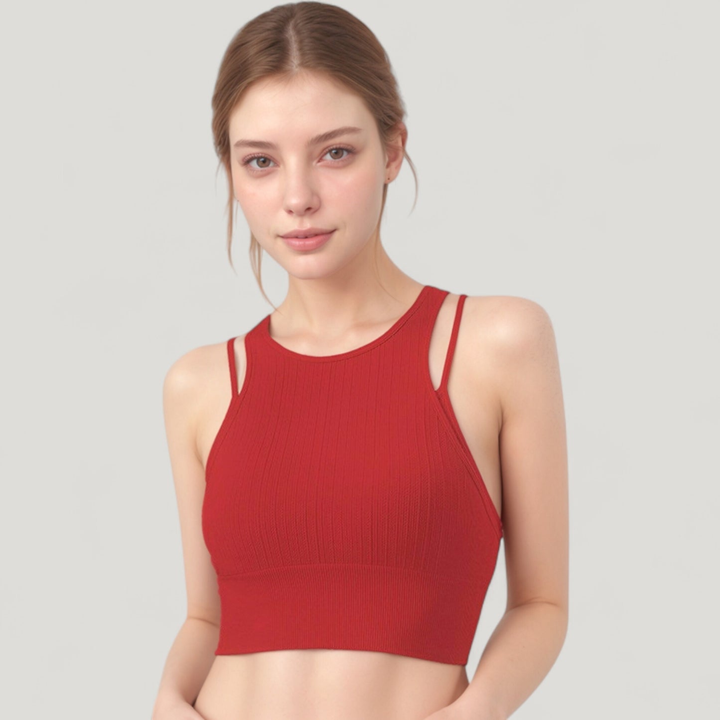 Ribbed High Neck Crop Top with Double Strap Detail