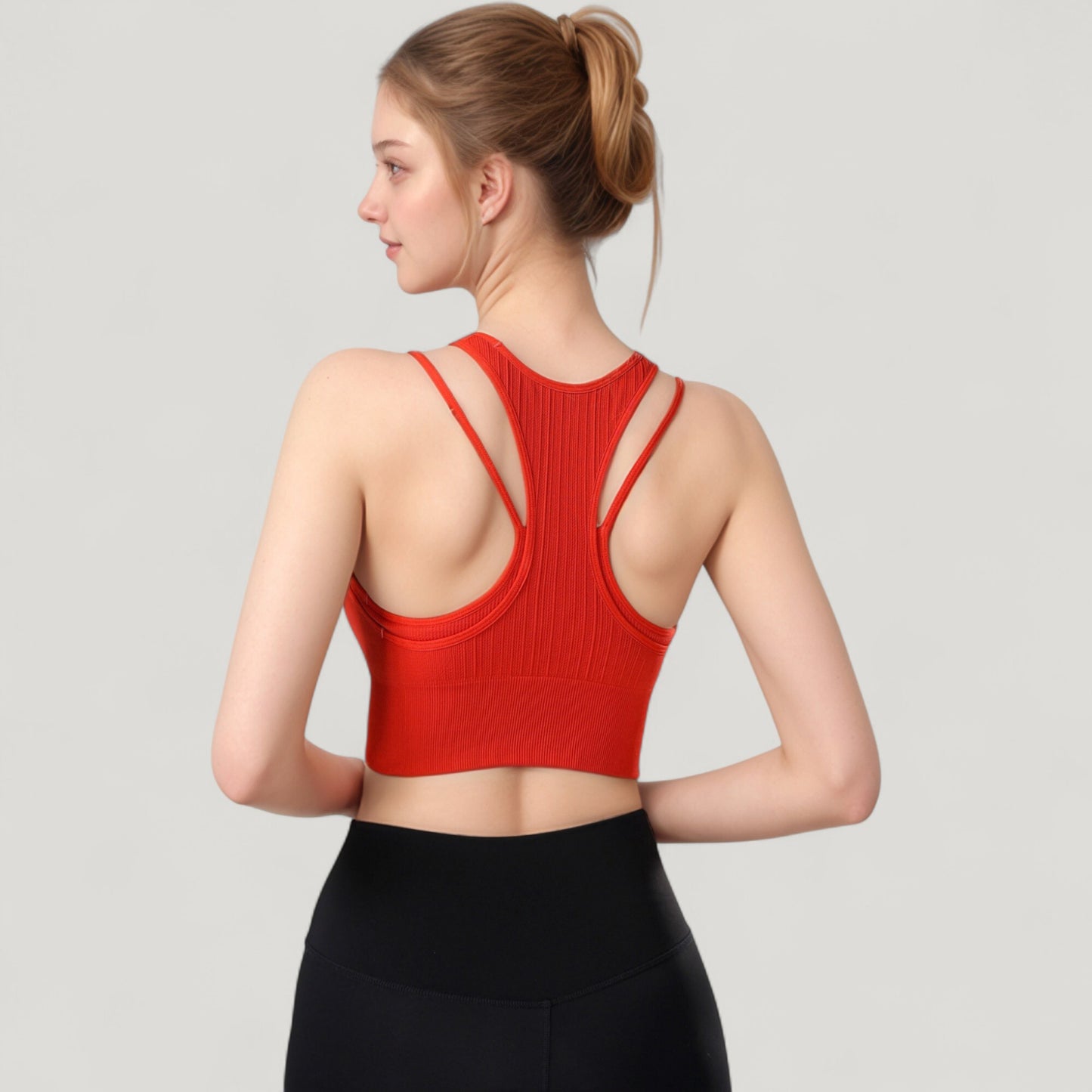 Ribbed High Neck Crop Top with Double Strap Detail