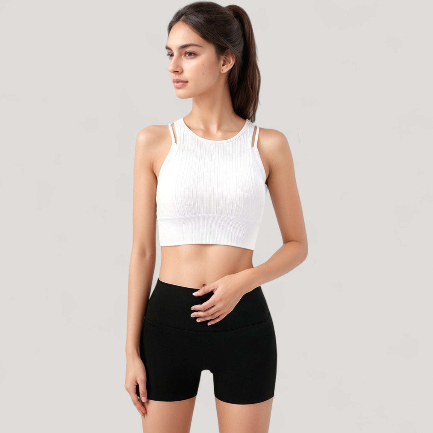 Ribbed High Neck Crop Top with Double Strap Detail