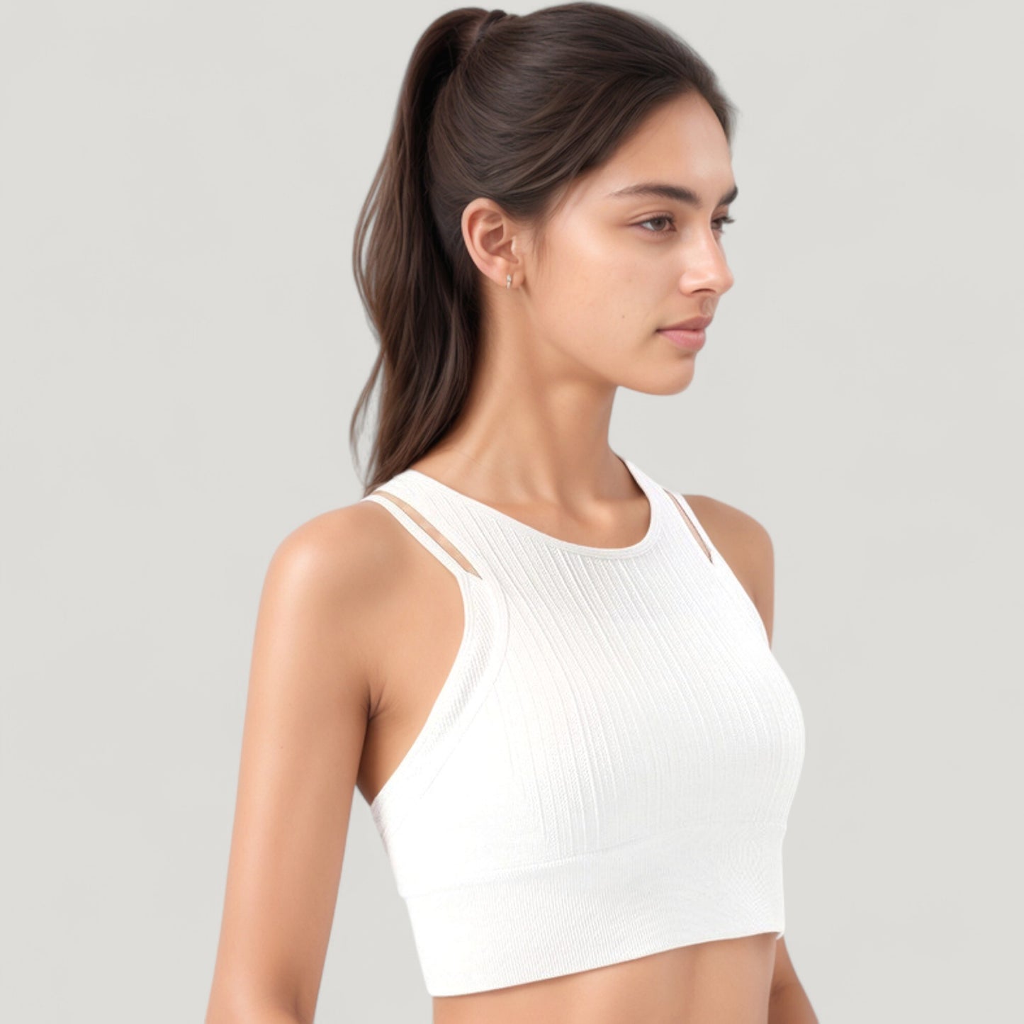 Ribbed High Neck Crop Top with Double Strap Detail