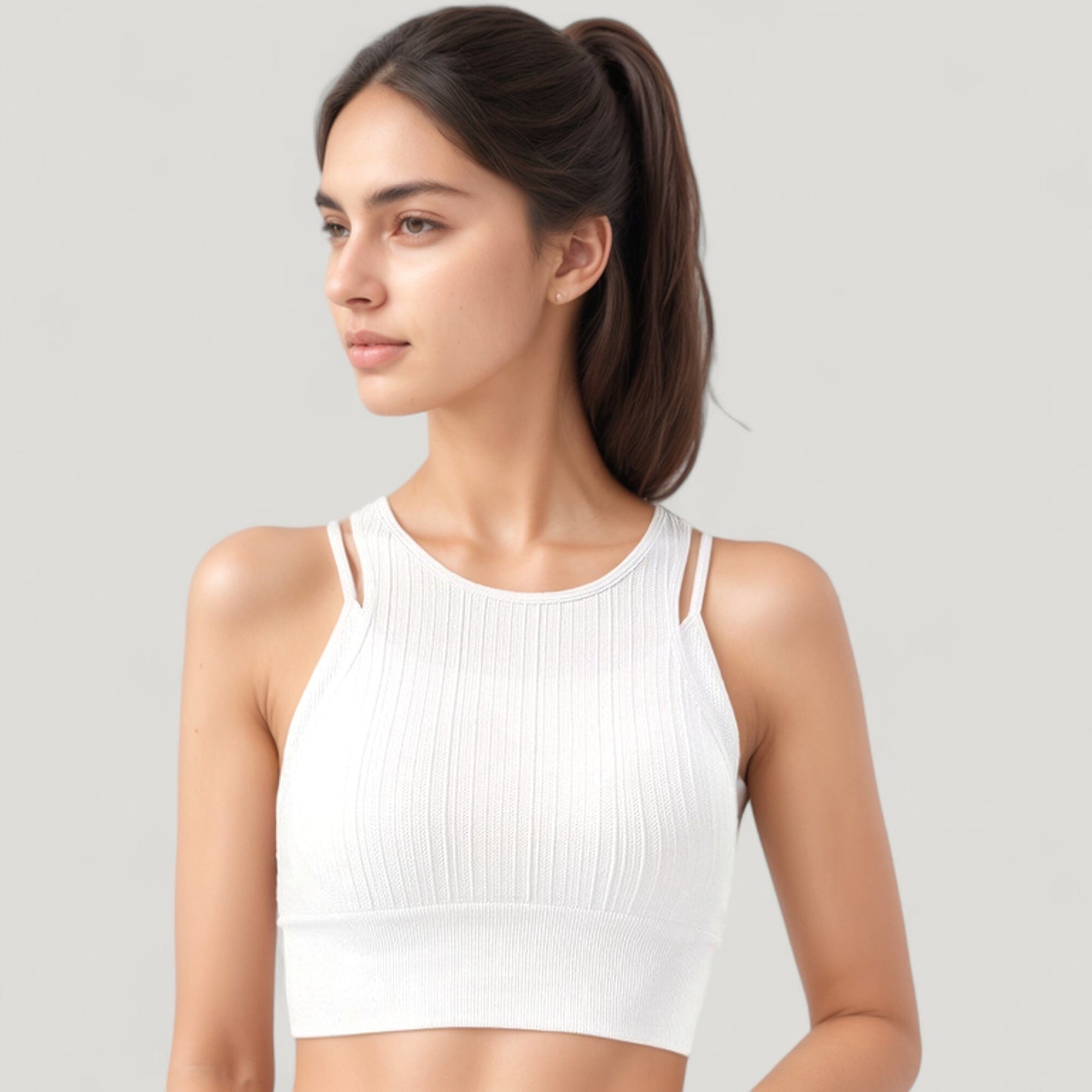 Ribbed High Neck Crop Top with Double Strap Detail
