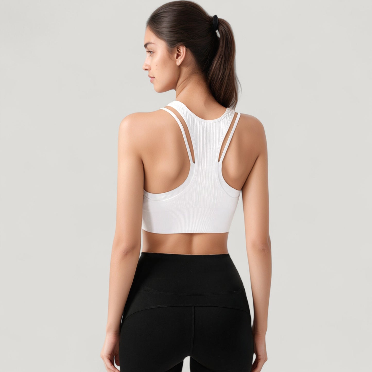Ribbed High Neck Crop Top with Double Strap Detail