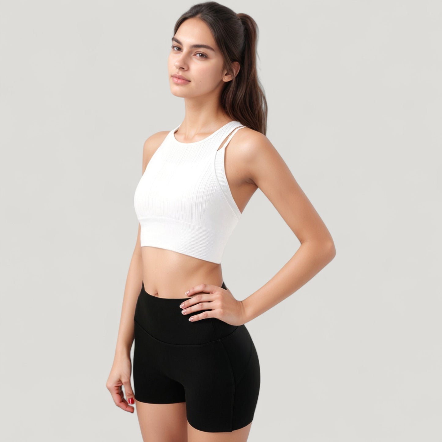 Ribbed High Neck Crop Top with Double Strap Detail