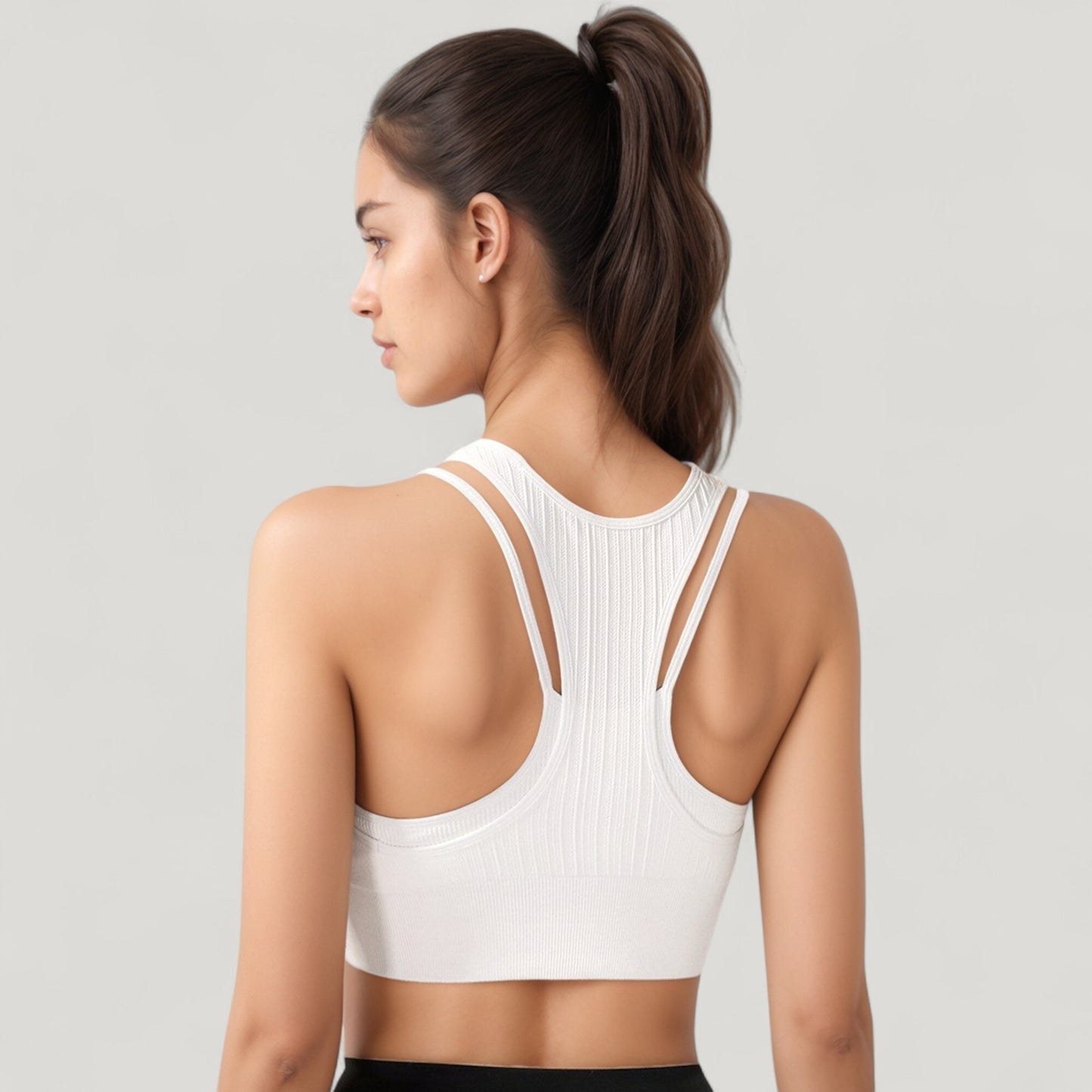 Ribbed High Neck Crop Top with Double Strap Detail