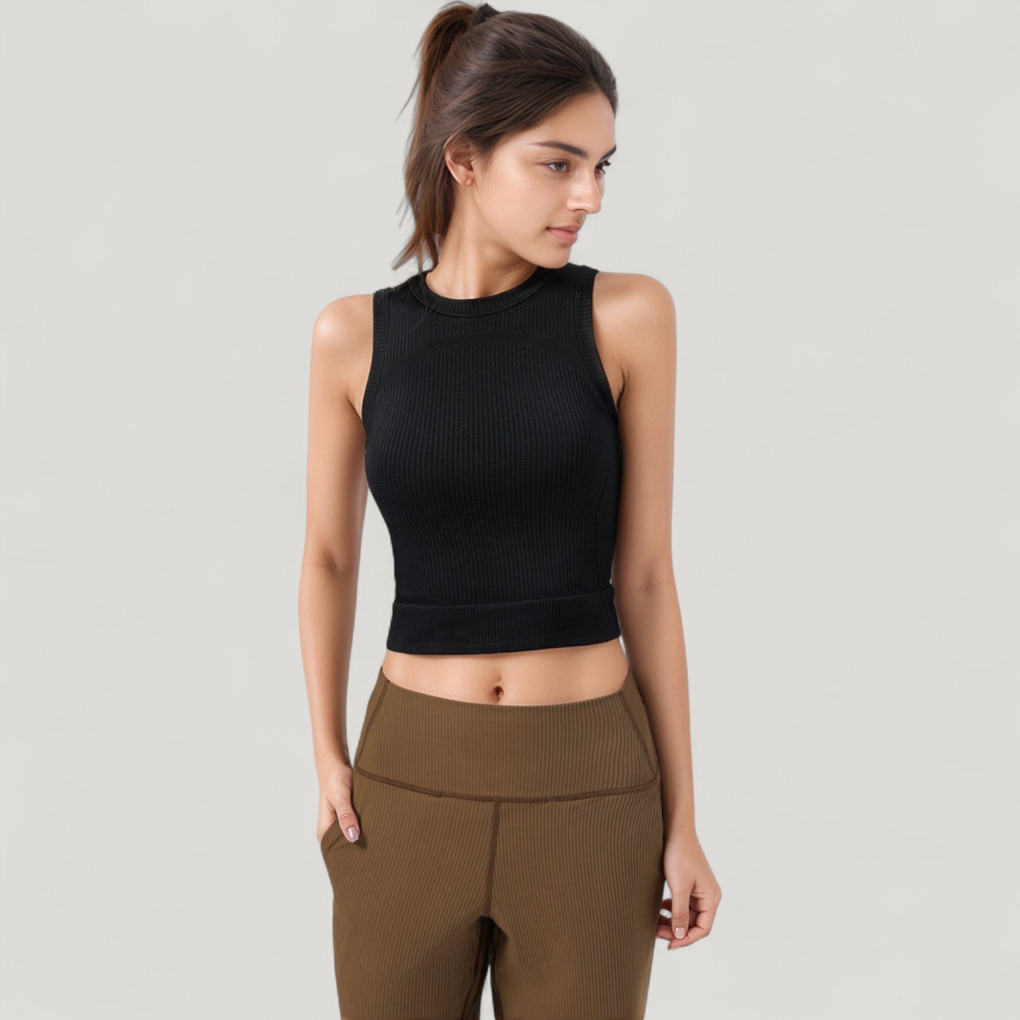 Ribbed High Neck Sleeveless Crop Top with Seam Detail