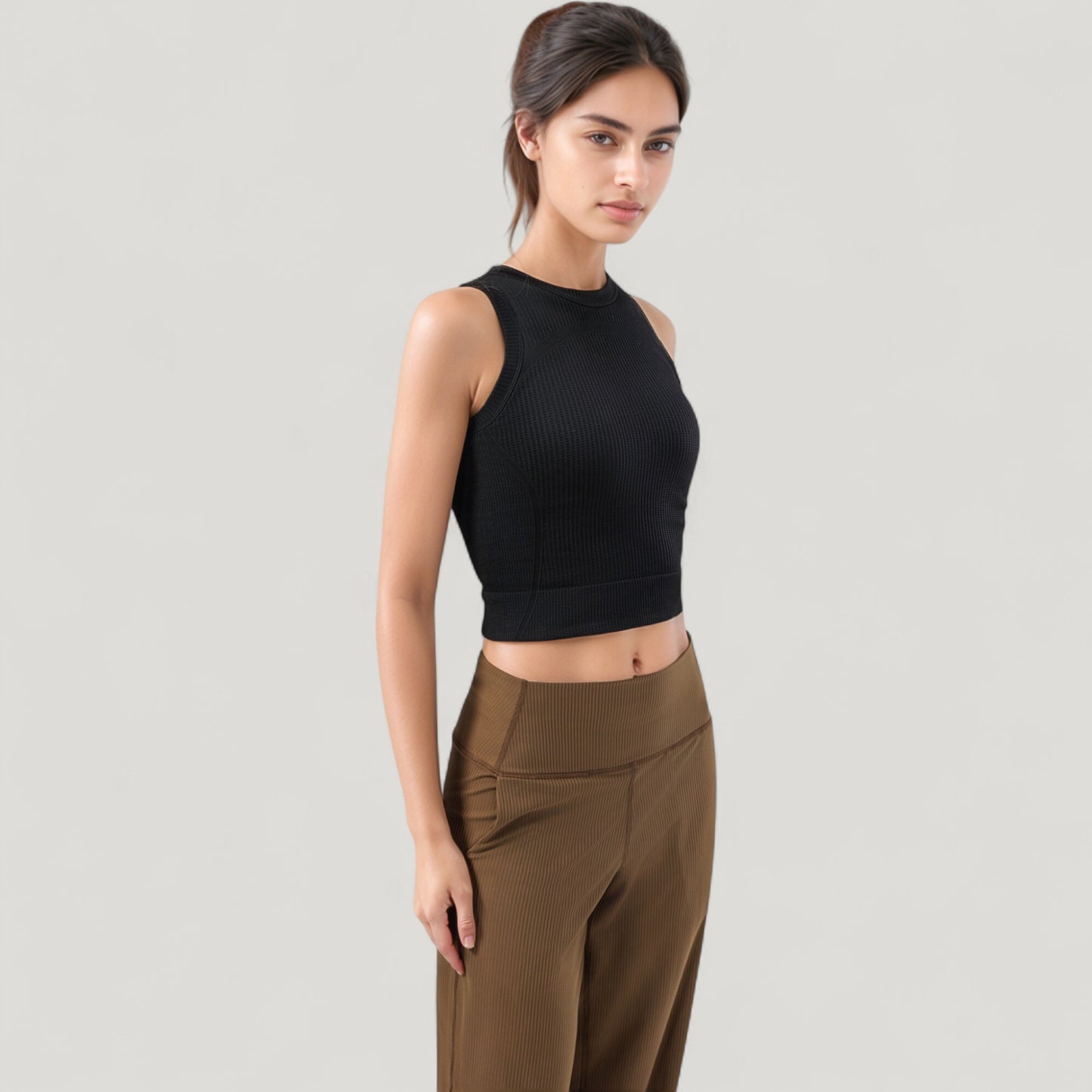 Ribbed High Neck Sleeveless Crop Top with Seam Detail