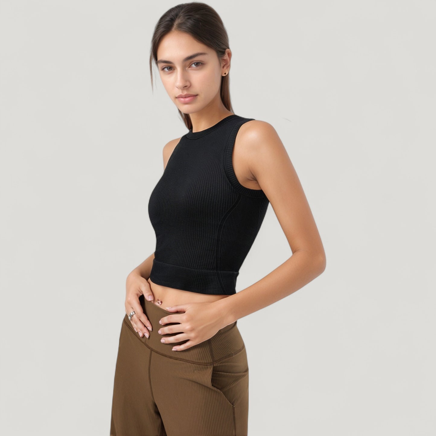 Ribbed High Neck Sleeveless Crop Top with Seam Detail