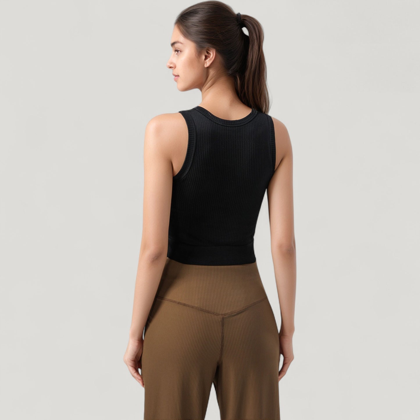 Ribbed High Neck Sleeveless Crop Top with Seam Detail
