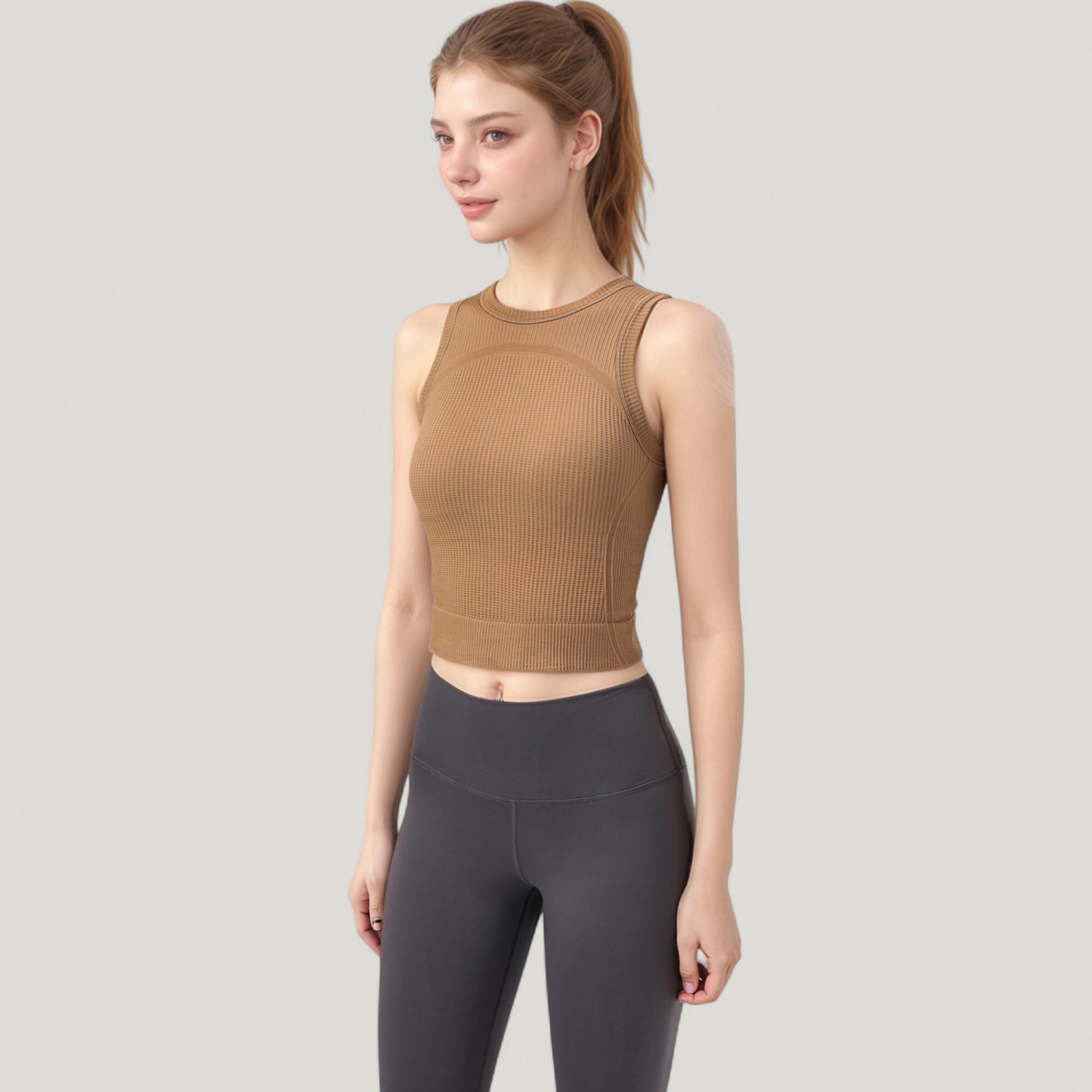 Ribbed High Neck Sleeveless Crop Top with Seam Detail