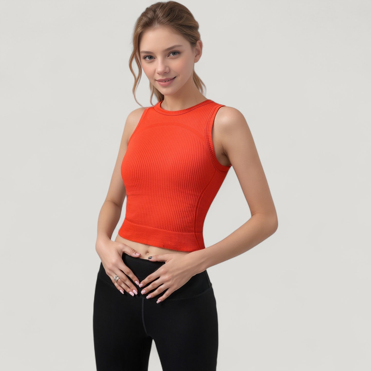 Ribbed High Neck Sleeveless Crop Top with Seam Detail