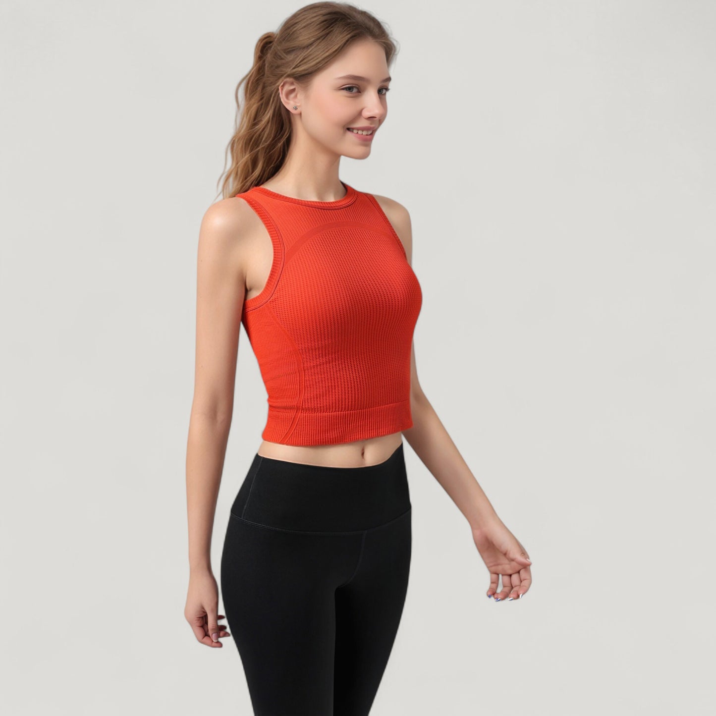 Ribbed High Neck Sleeveless Crop Top with Seam Detail