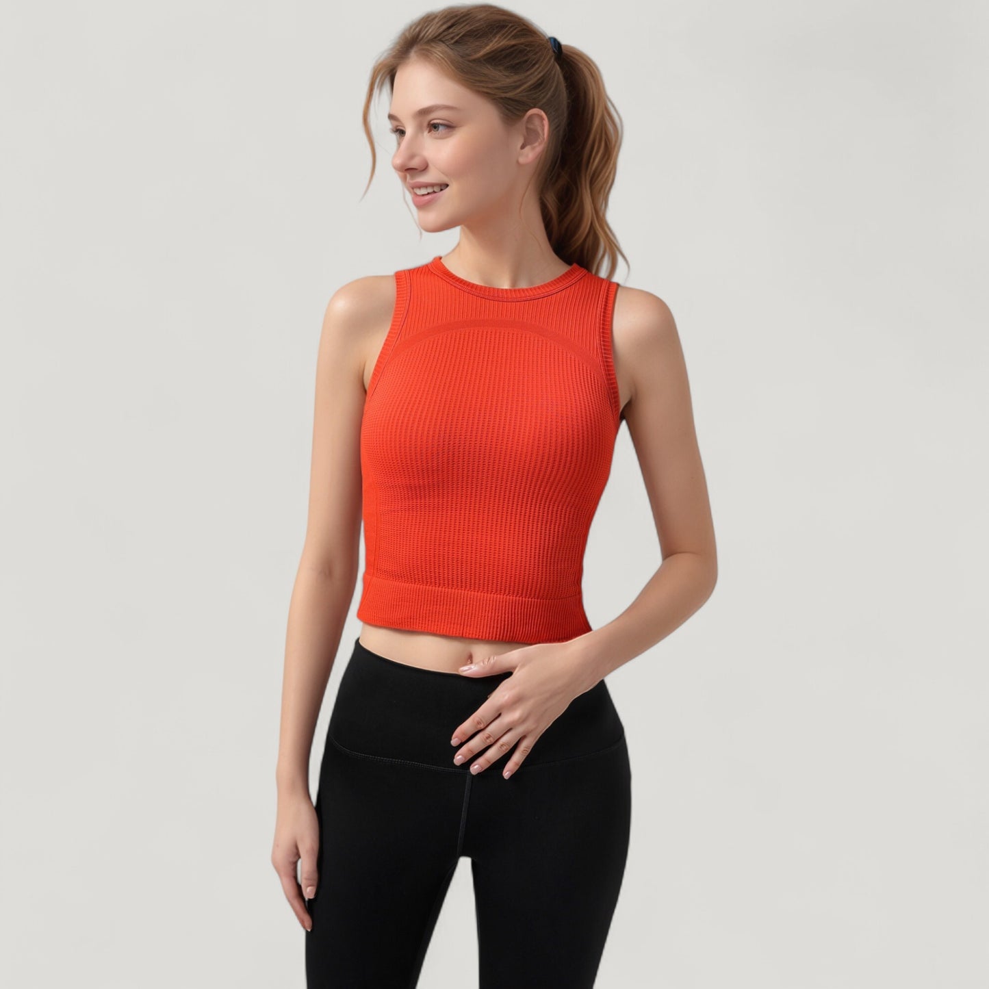 Ribbed High Neck Sleeveless Crop Top with Seam Detail