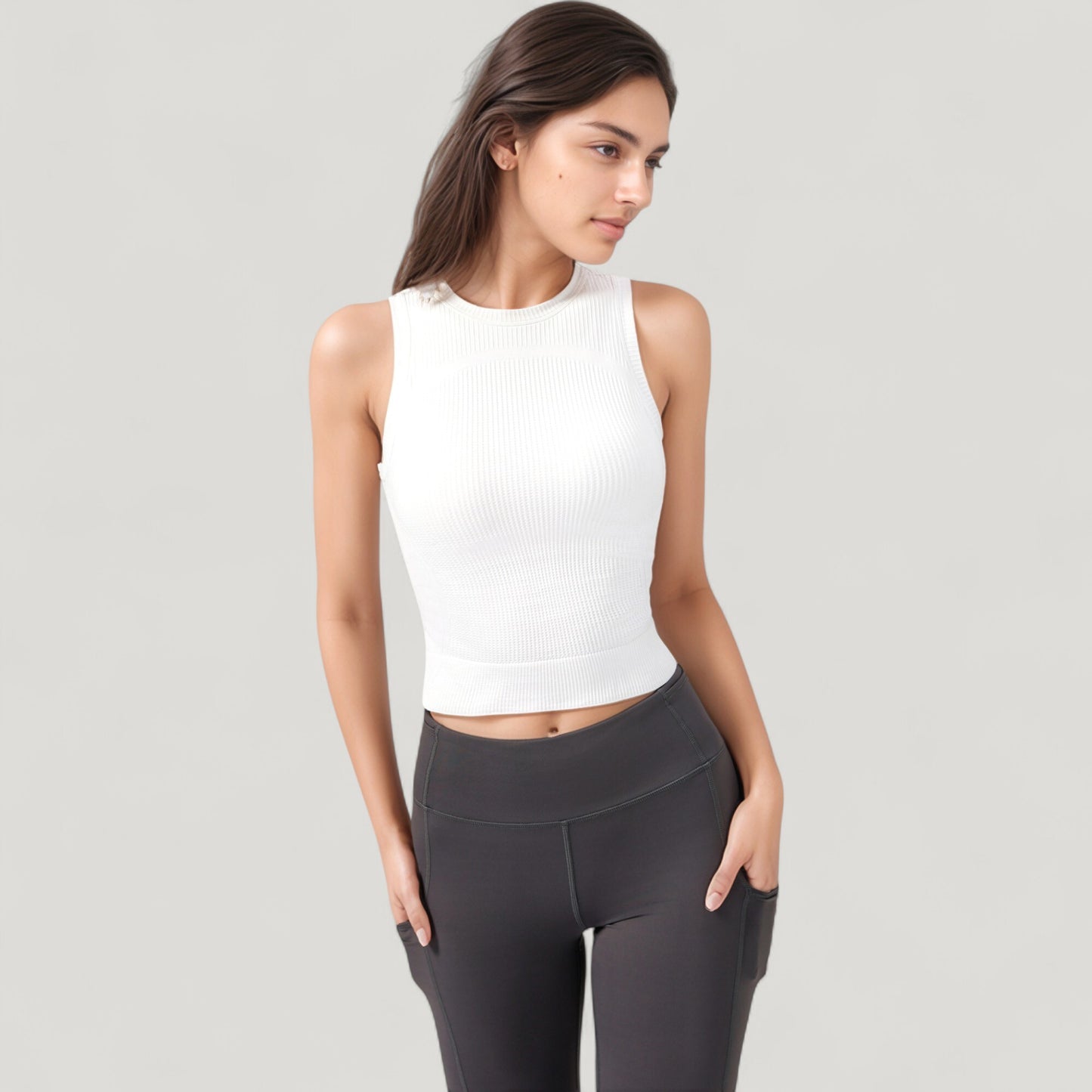 Ribbed High Neck Sleeveless Crop Top with Seam Detail