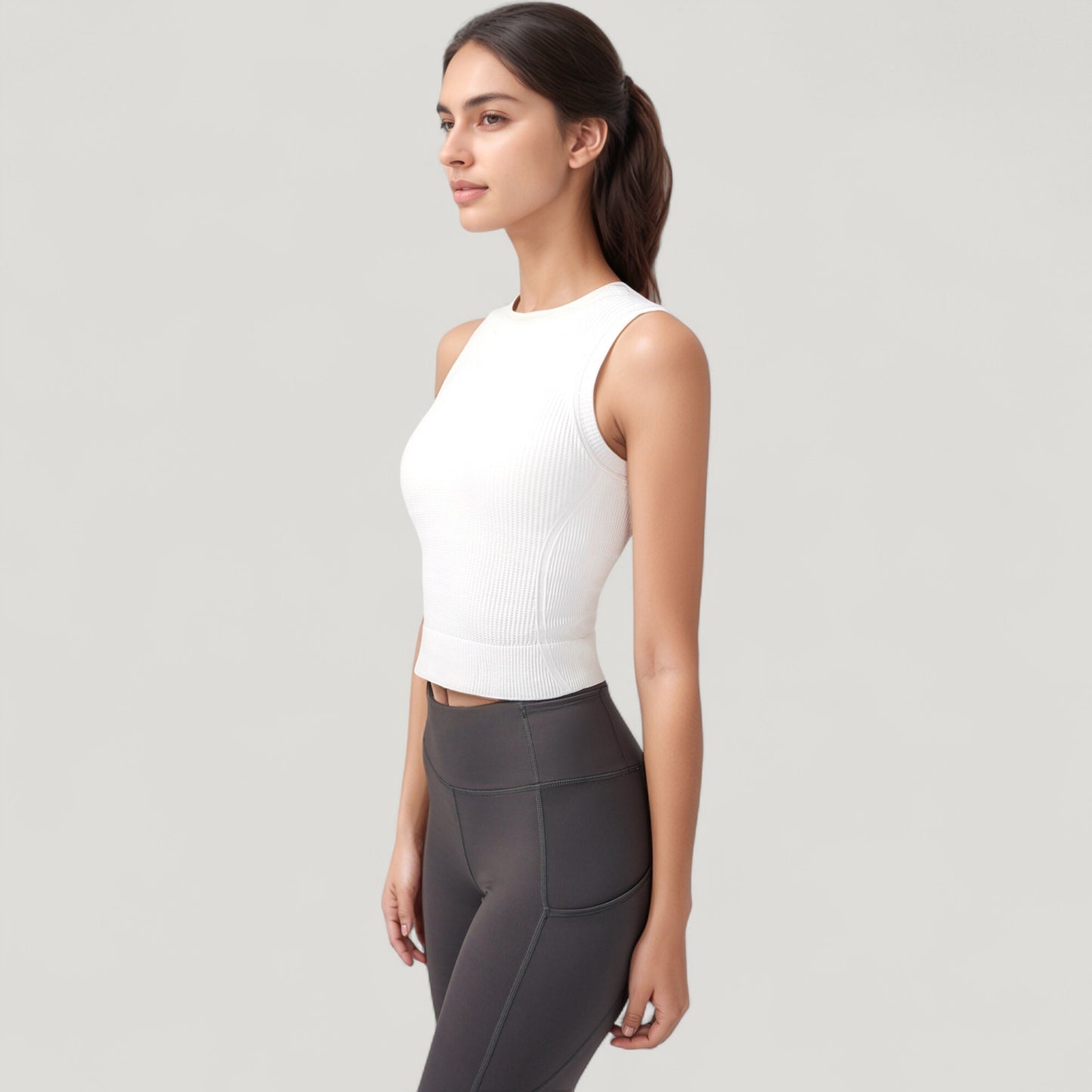 Ribbed High Neck Sleeveless Crop Top with Seam Detail
