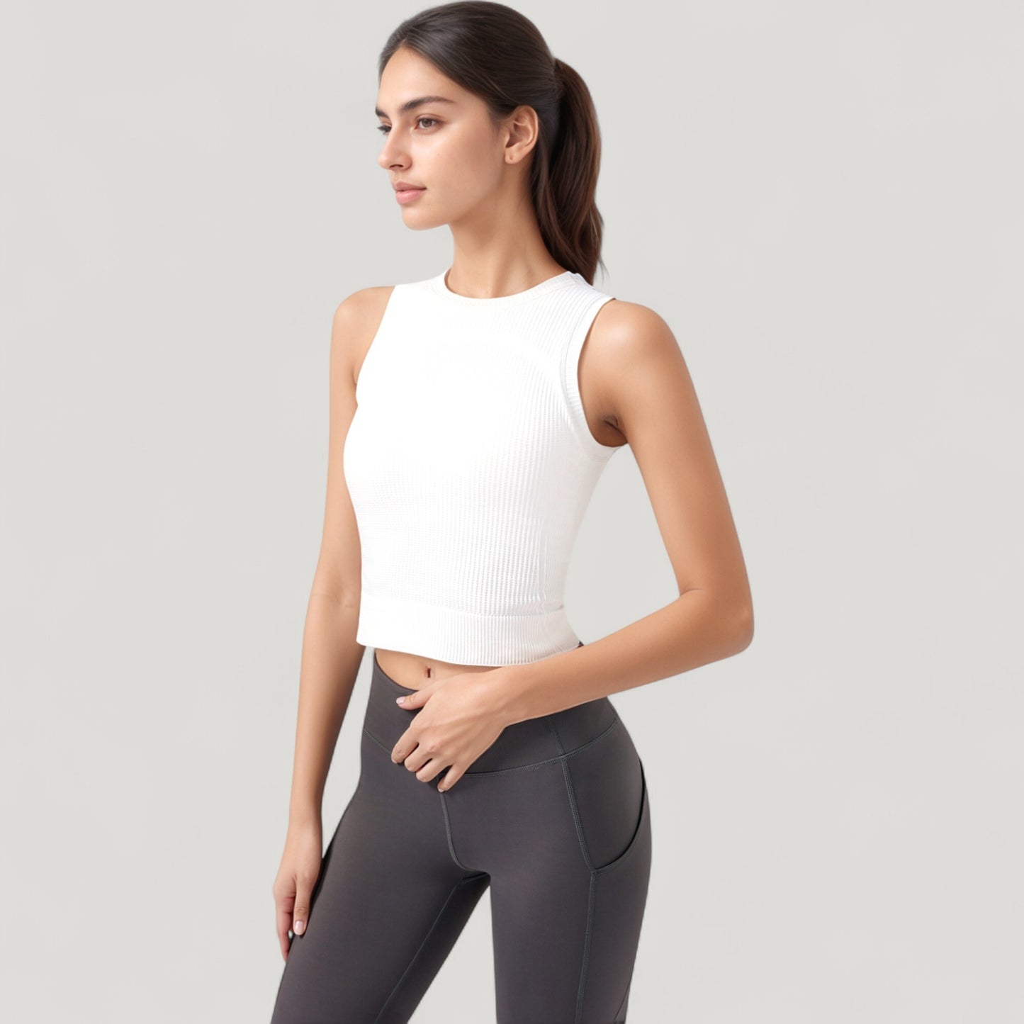 Ribbed High Neck Sleeveless Crop Top with Seam Detail