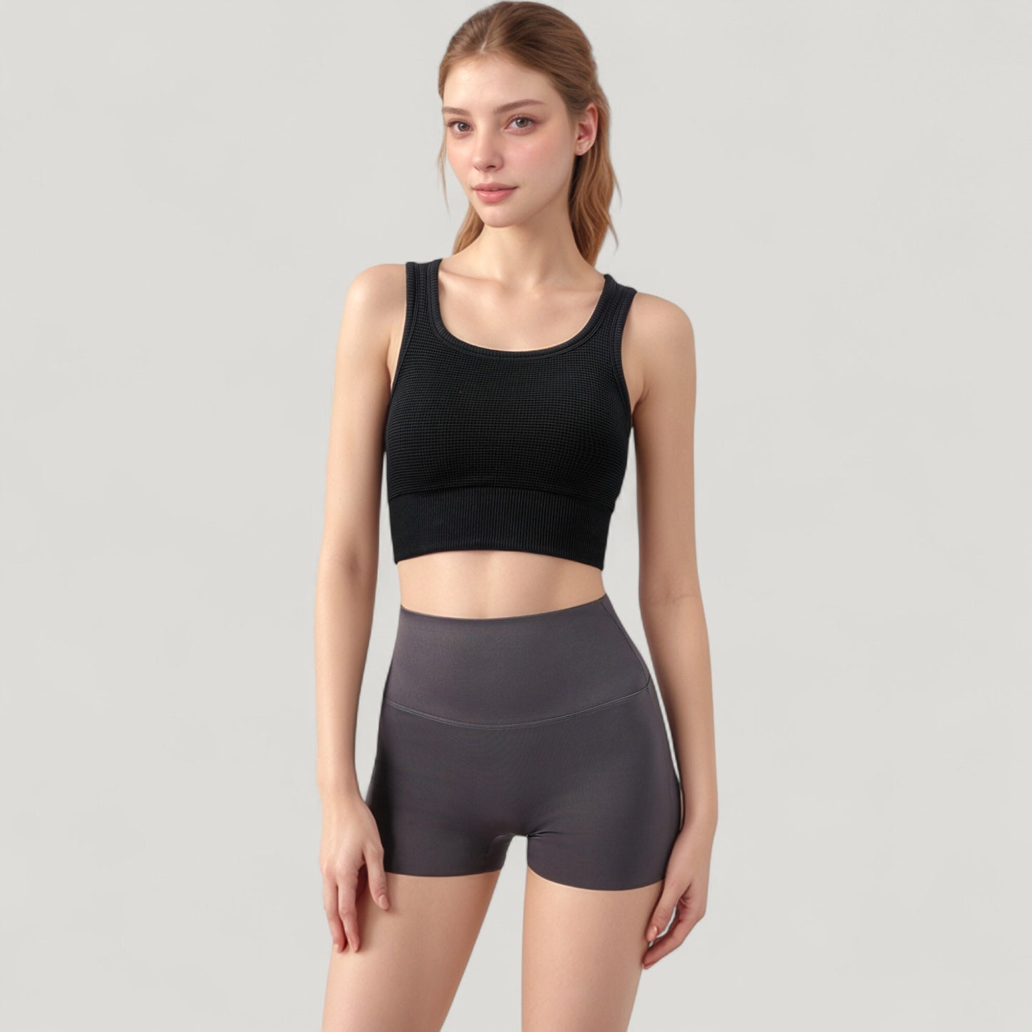 Ribbed Seamless Sports Bra with Scoop Neck and Wide Straps