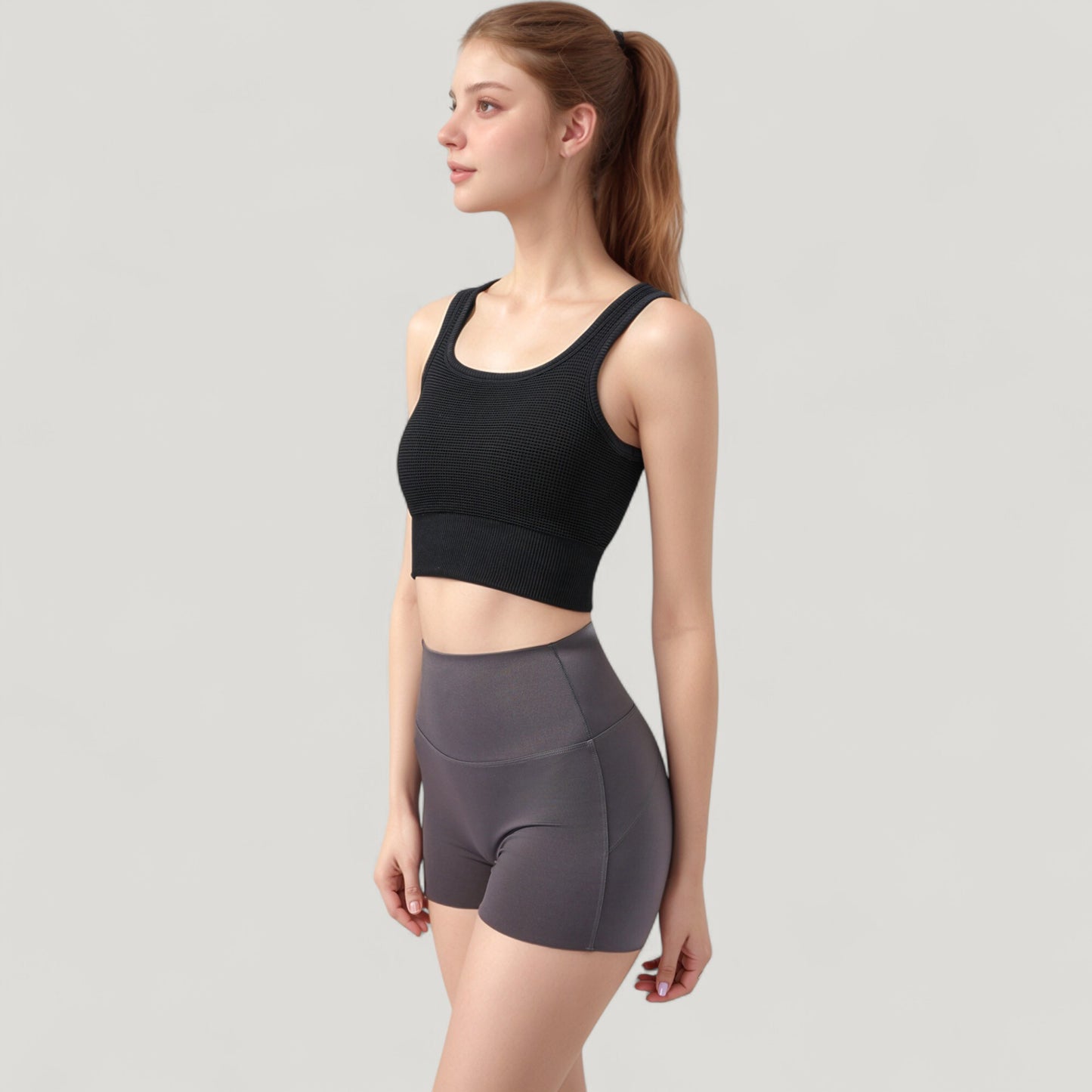Ribbed Seamless Sports Bra with Scoop Neck and Wide Straps