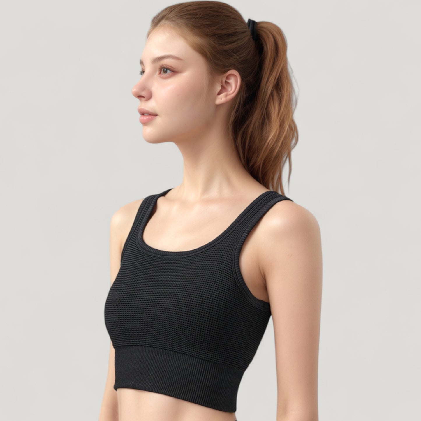 Ribbed Seamless Sports Bra with Scoop Neck and Wide Straps