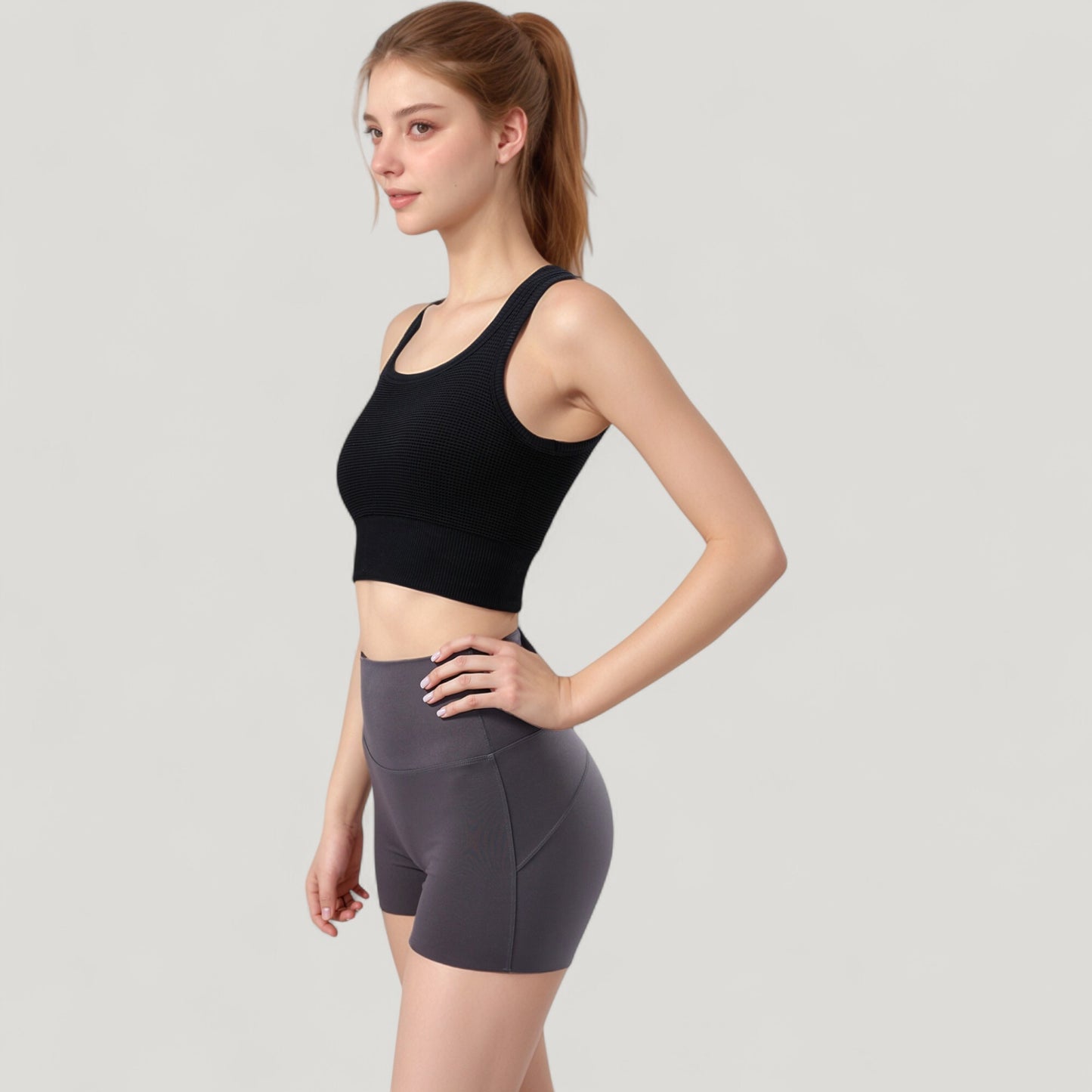 Ribbed Seamless Sports Bra with Scoop Neck and Wide Straps