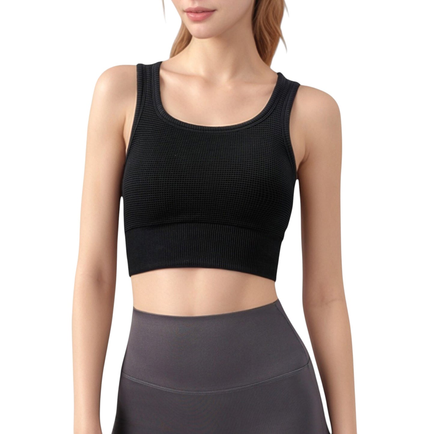 Ribbed Seamless Sports Bra with Scoop Neck and Wide Straps
