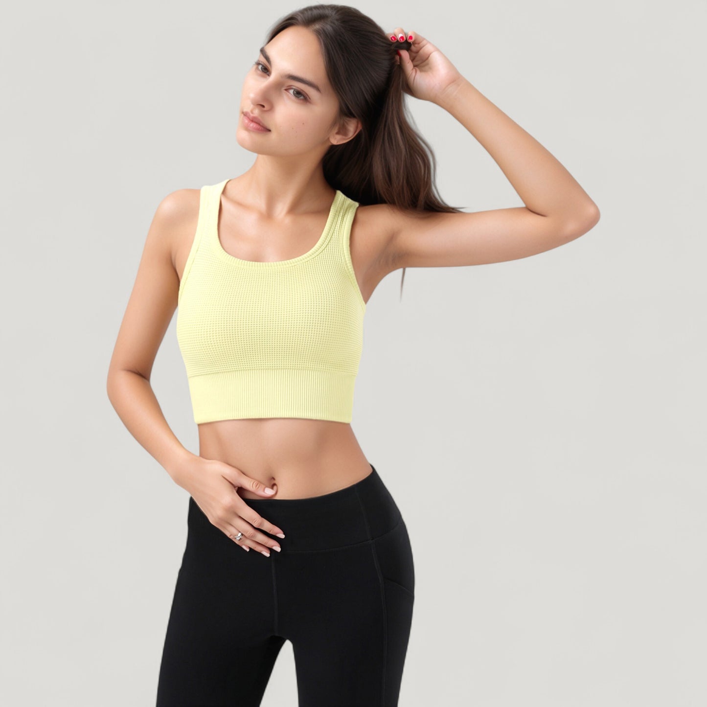 Ribbed Seamless Sports Bra with Scoop Neck and Wide Straps